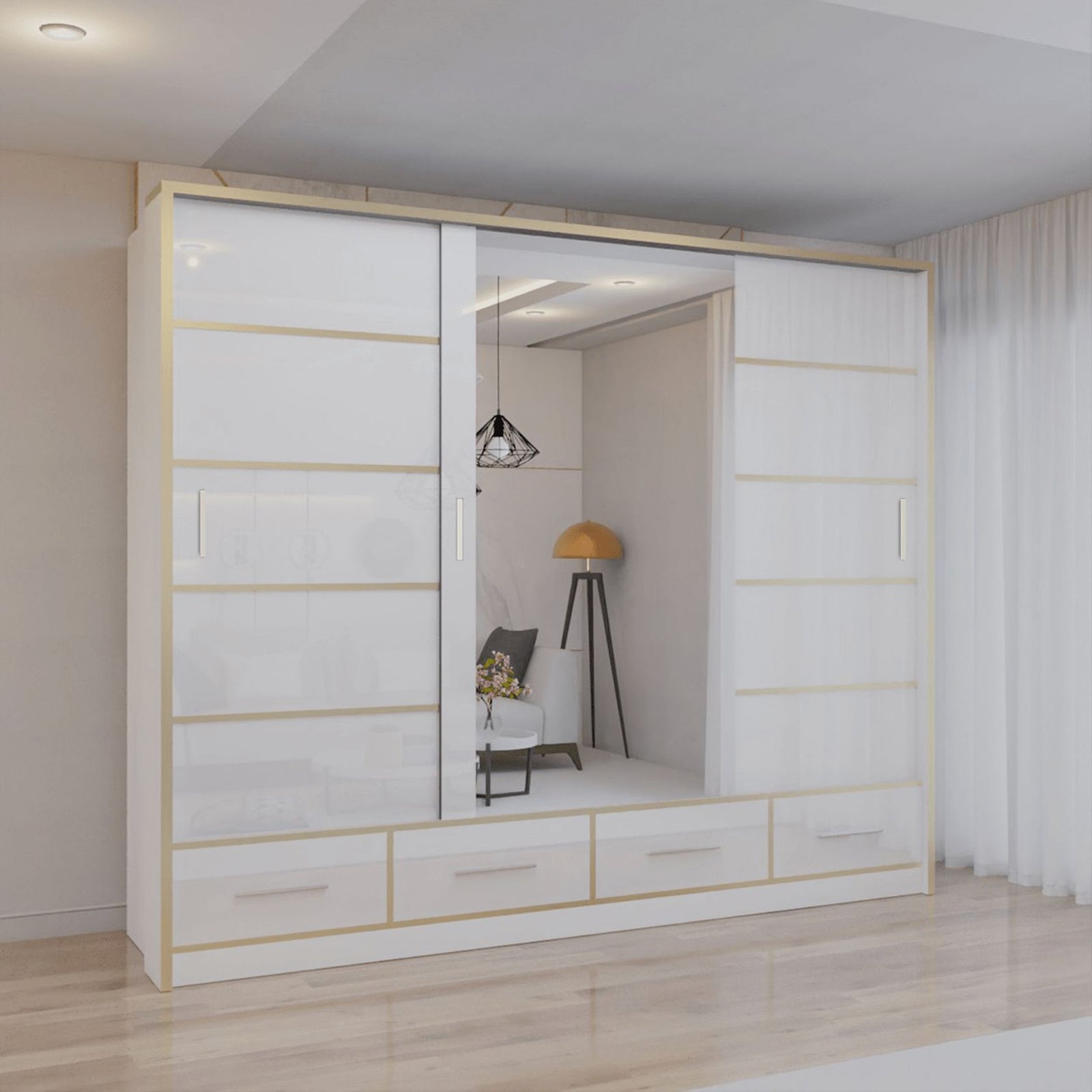 CHOICEWARDROBE Modern High Gloss Sliding Wardrobe with LED Light 253cm x 220cm in White – image 1