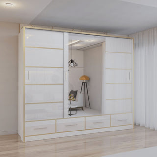 CHOICEWARDROBE Modern High Gloss Sliding Wardrobe with LED Light 253cm x 220cm in White – image 1