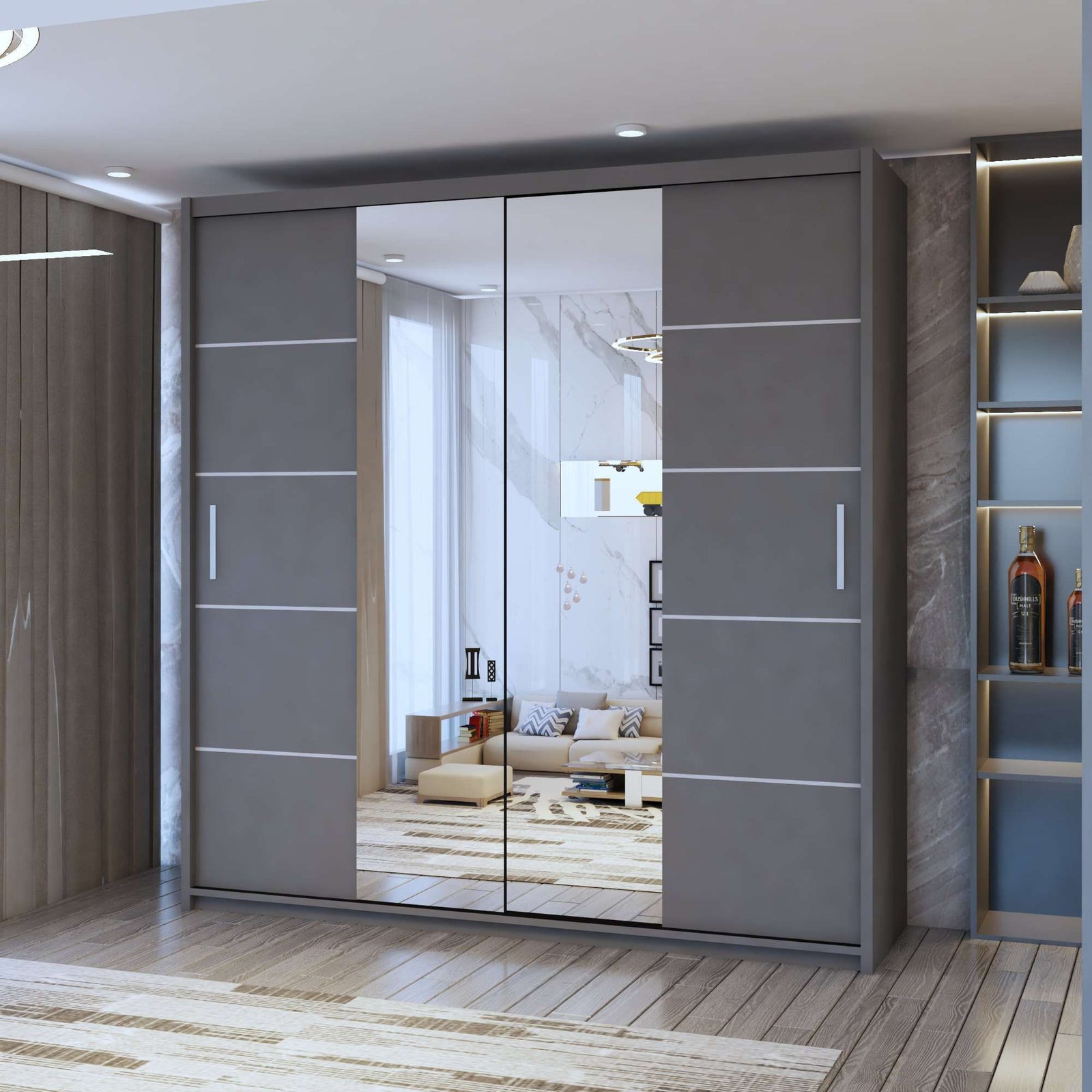 CHOICEWARDROBE Eden Double Mirror Sliding Door Wardrobe 203cm X 217cm in Grey – image 1