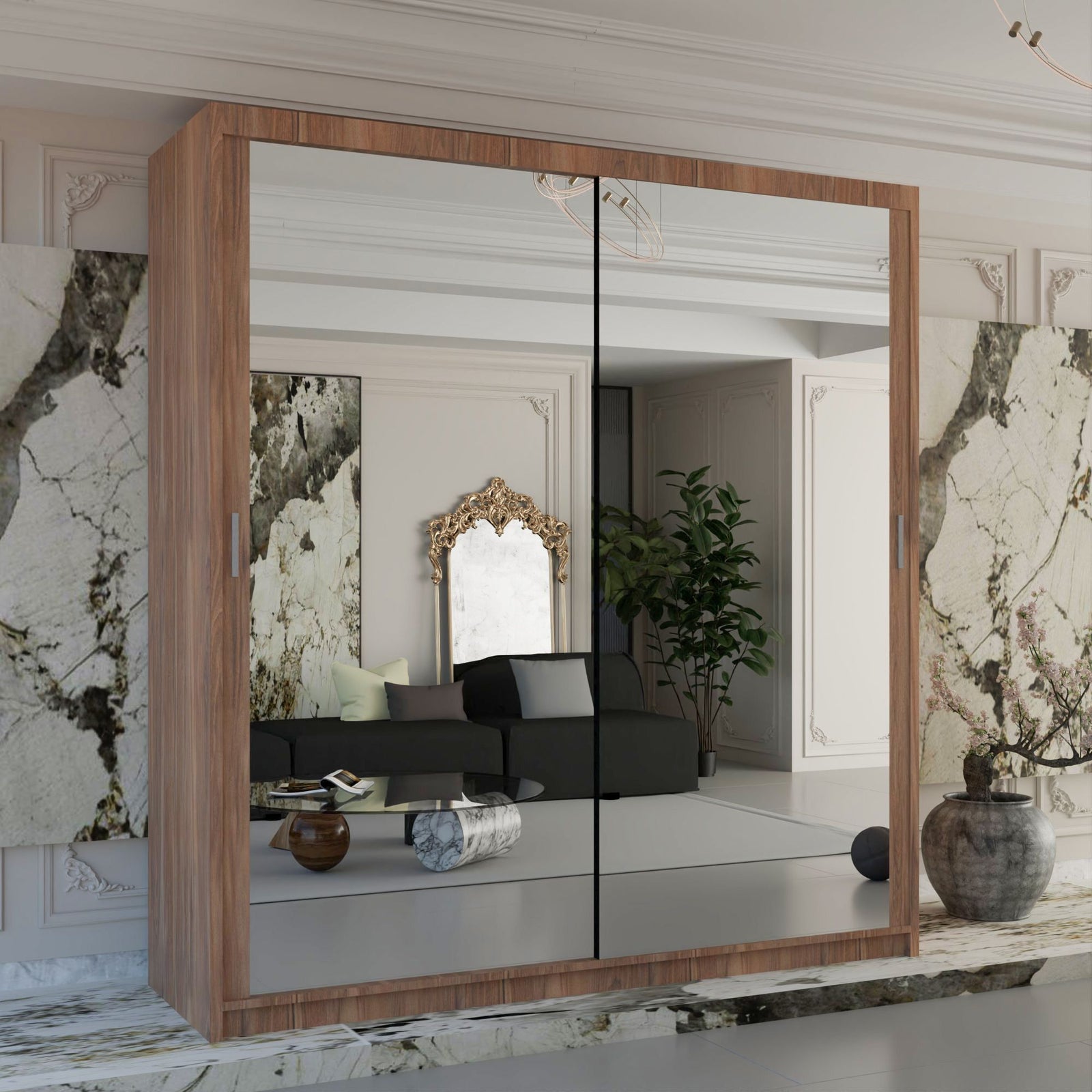 CHOICEWARDROBE Double Mirror Sliding Wardrobe With LED Light W120cm x H217cm x D62cm in Walnut – image 1