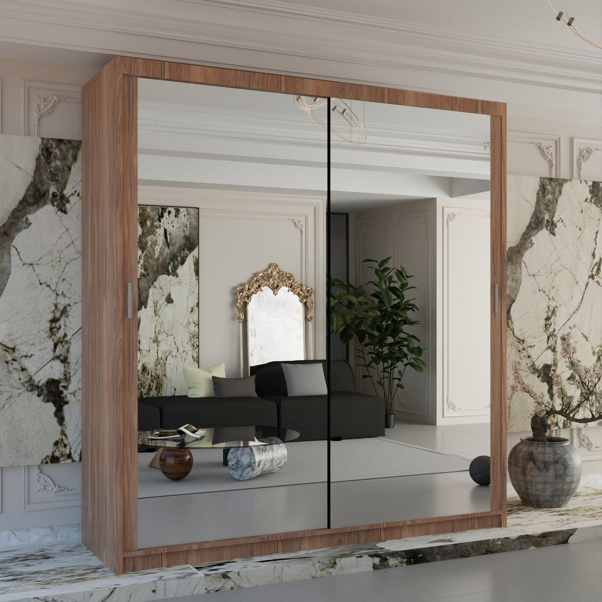 CHOICEWARDROBE Double Mirror Sliding Wardrobe With LED Light W120cm x H217cm x D62cm in Walnut – image 1