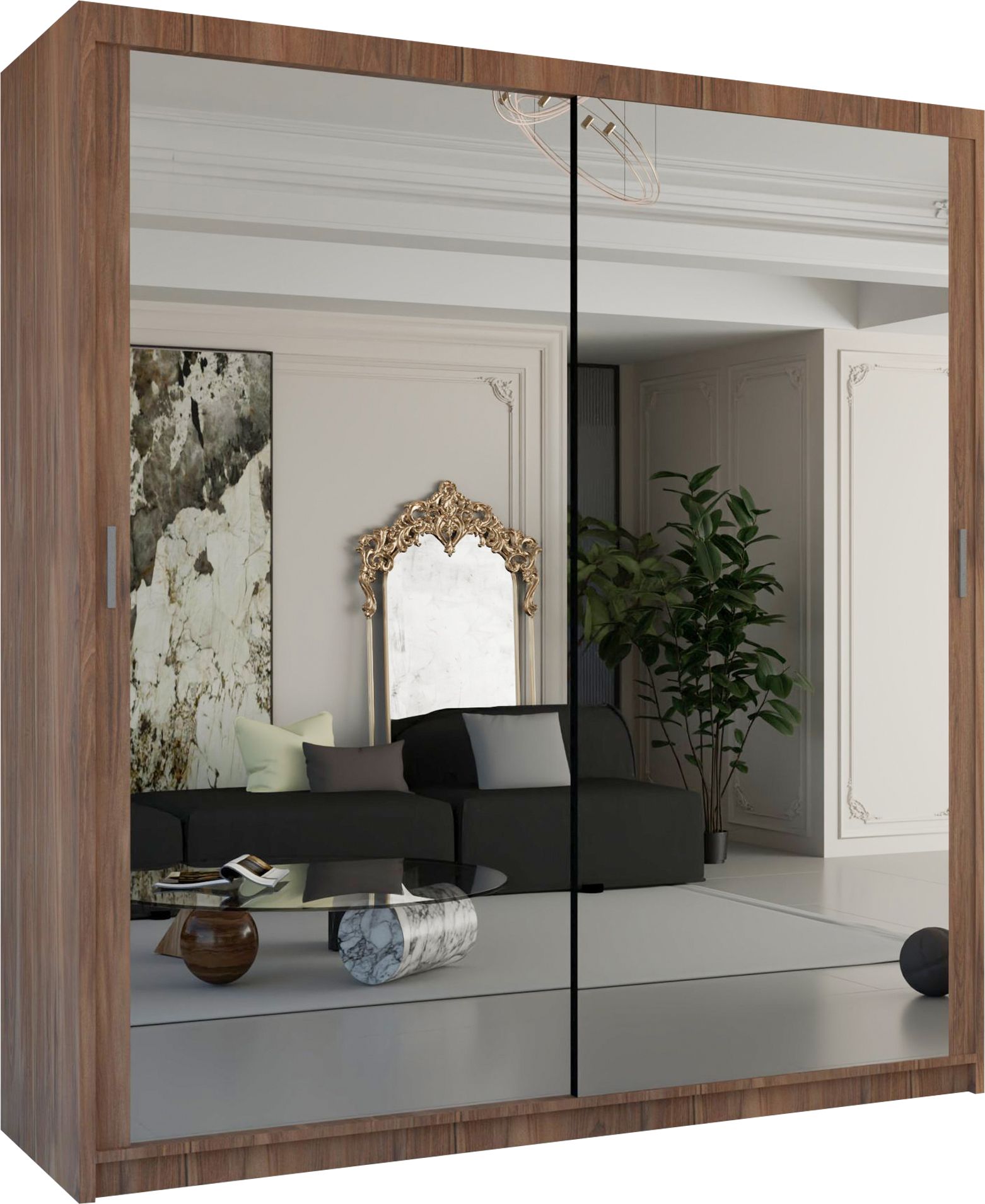 CHOICEWARDROBE Double Mirror Sliding Wardrobe With LED Light W120cm x H217cm x D62cm in Walnut – image 2