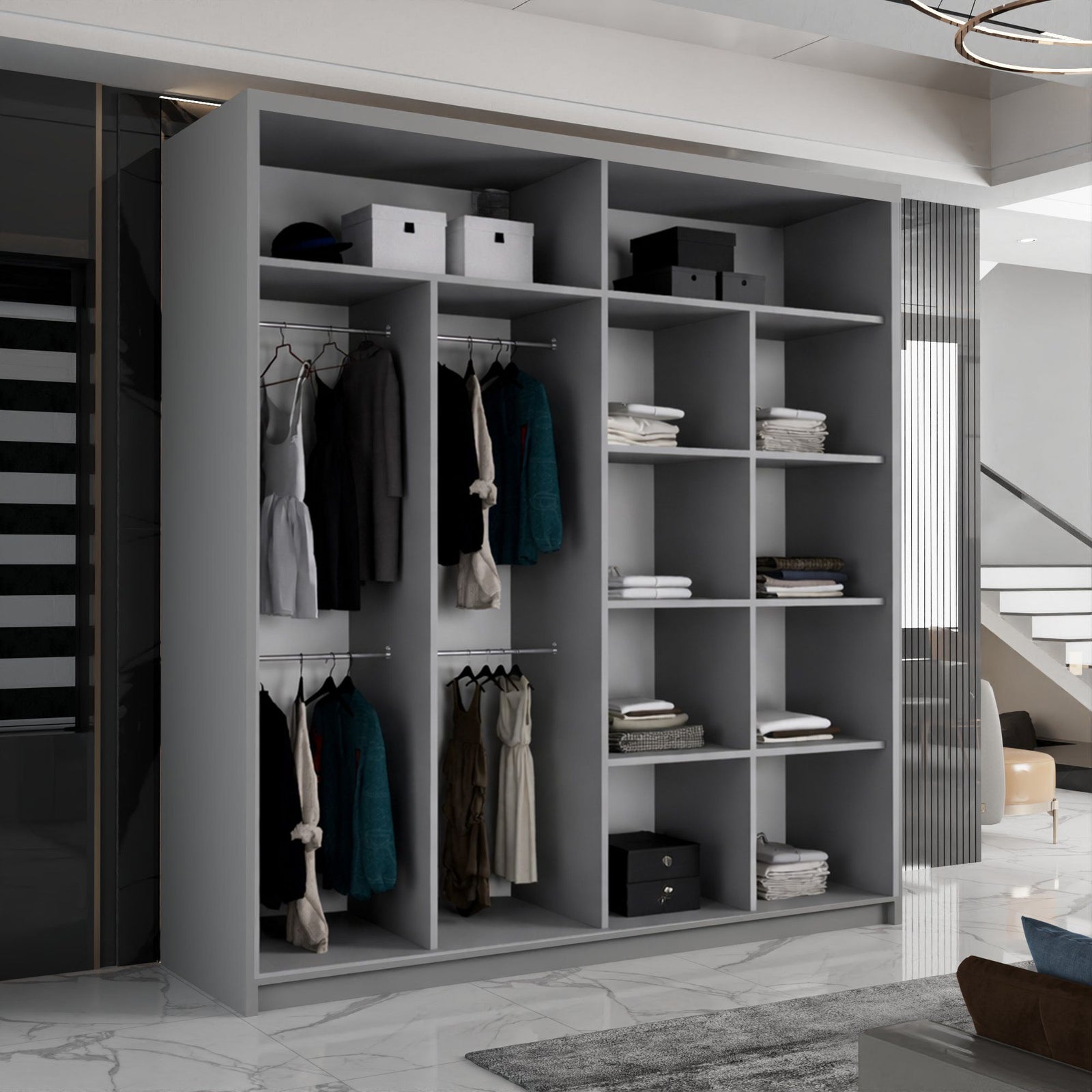 CHOICEWARDROBE Modern Sliding Wardrobe with LED Light W203cm x H217cm x D62cm in Grey – image 4
