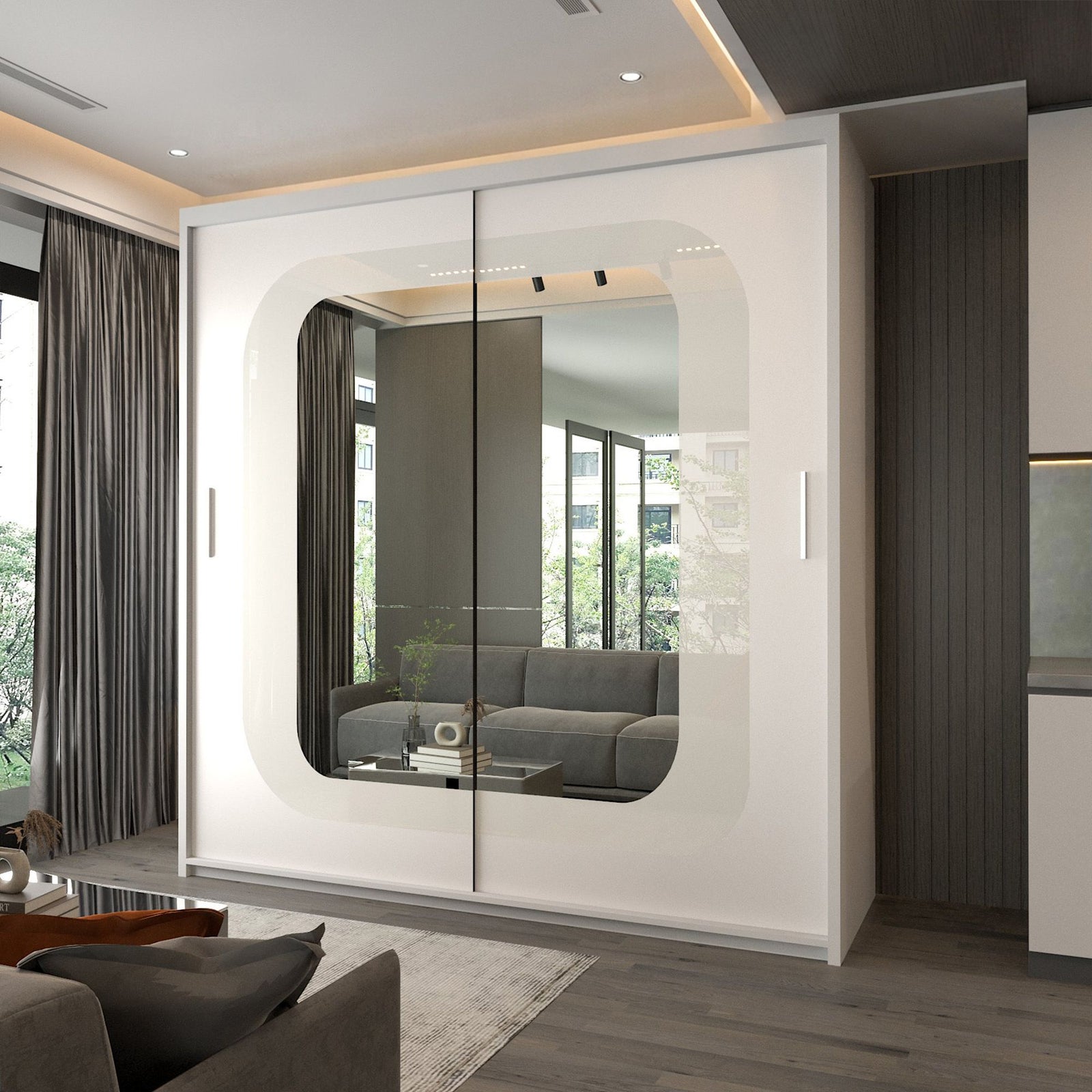 CHOICEWARDROBE Modern Double Door Sliding Wardrobe With LED Light W203cm x H217cm in White – image 1