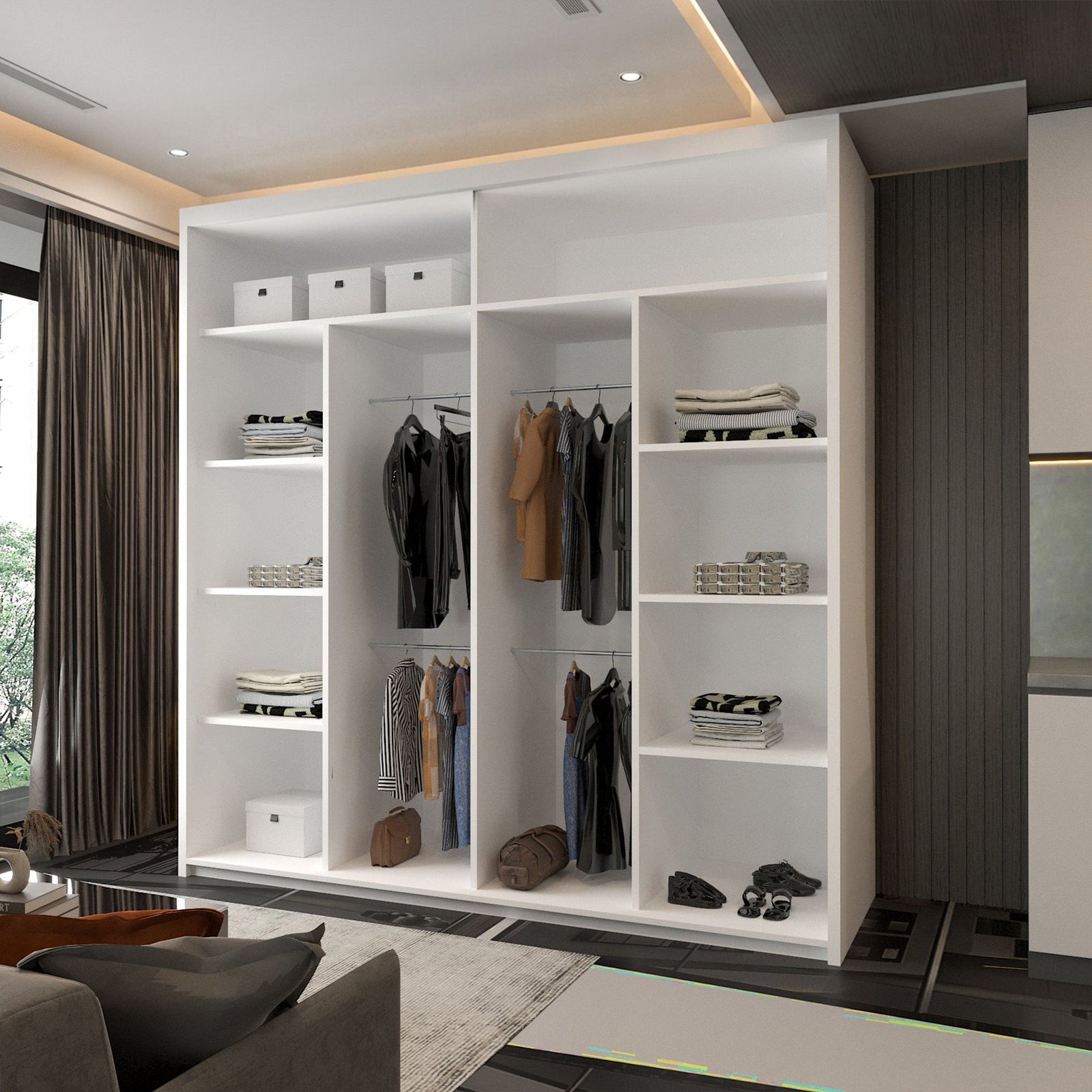 CHOICEWARDROBE Modern Double Door Sliding Wardrobe With LED Light W203cm x H217cm in White – image 3
