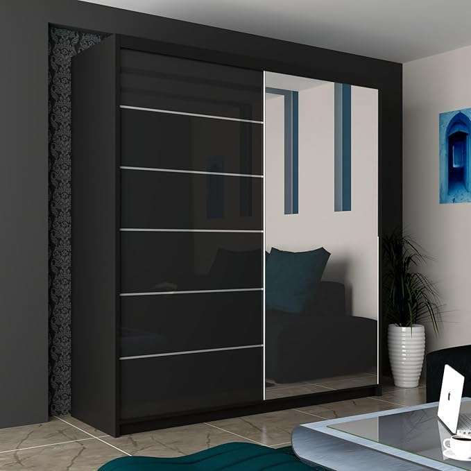 CHOICEWARDROBE High Gloss Double Sliding Wardrobe with LED Light W 200 x H 217 x D 62 in Black – image 1