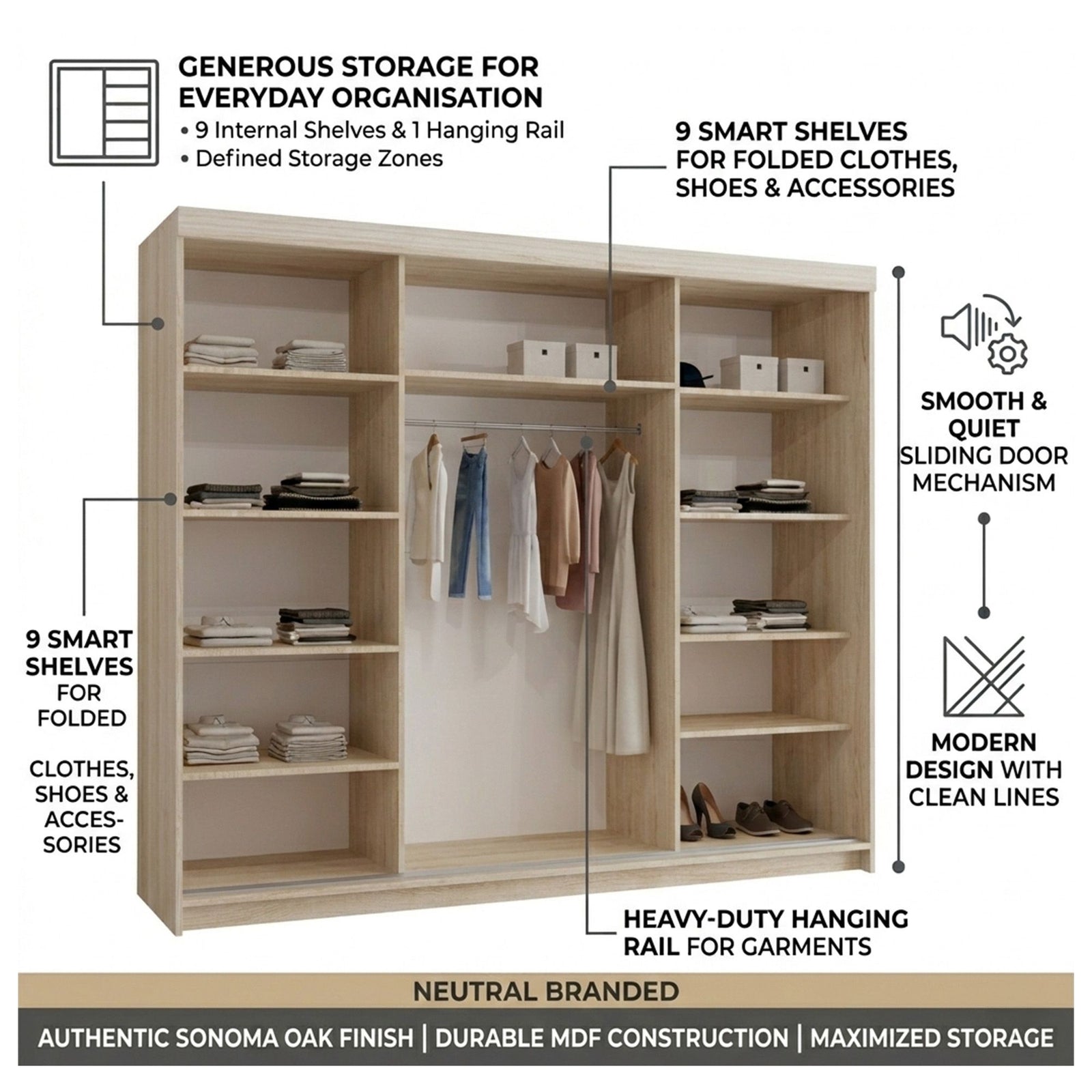 CHOICEWARDROBE Modern 3 Door Sliding Wardrobe-Bedroom cabinet 250cm x 217cm in Light Oak – image 7
