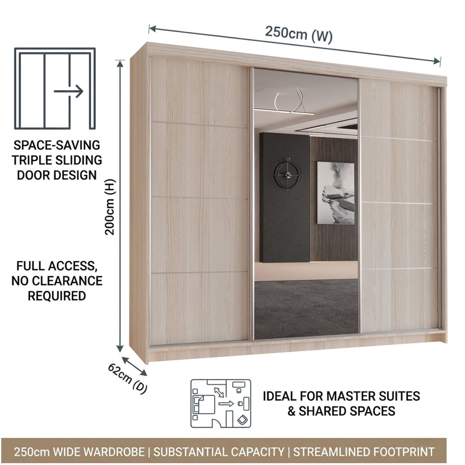 CHOICEWARDROBE Modern 3 Door Sliding Wardrobe-Bedroom cabinet 250cm x 217cm in Light Oak – image 8