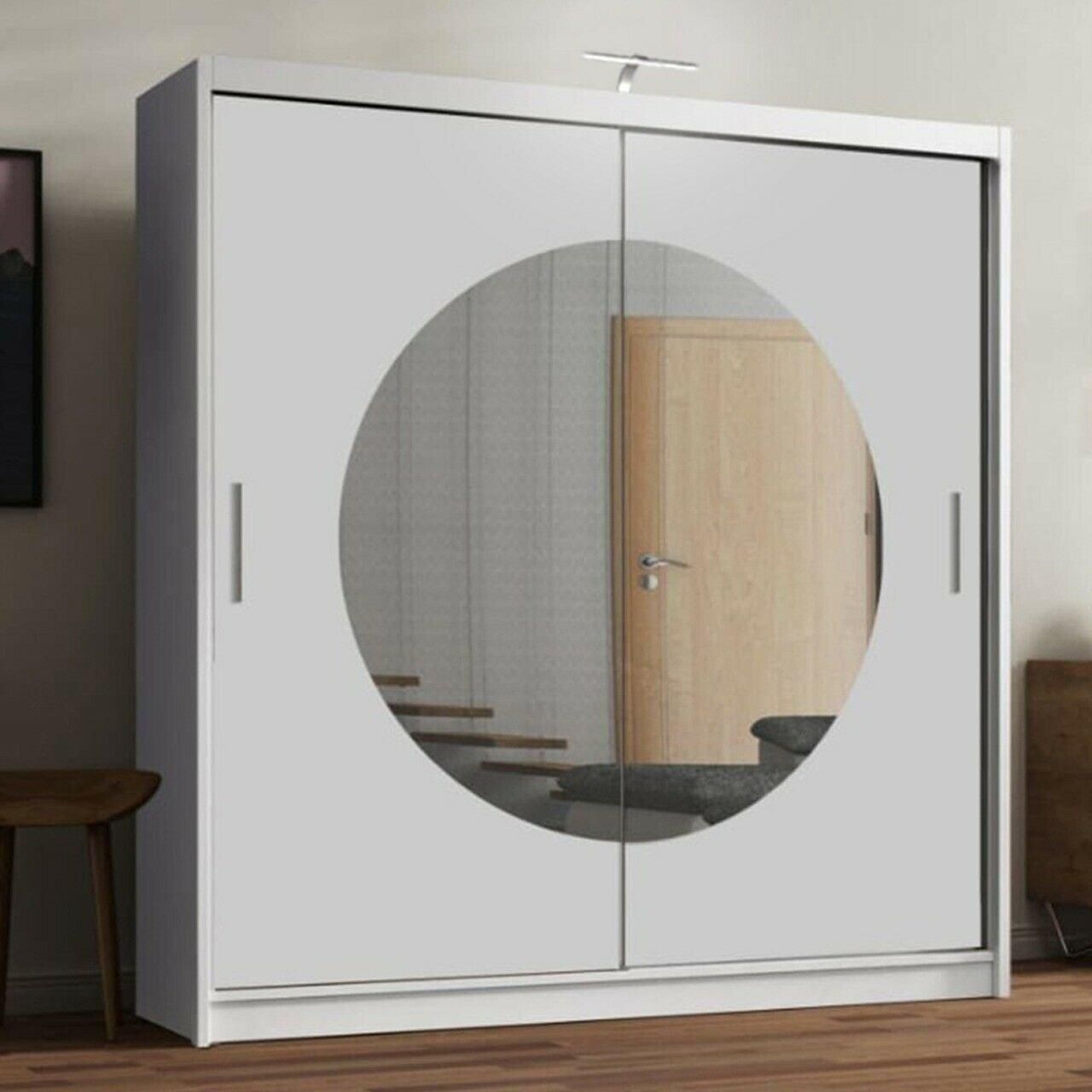 CHOICEWARDROBE Circle Mirror Sliding Door Wardrobe with LED Light 150cm X 217cm in White – image 1