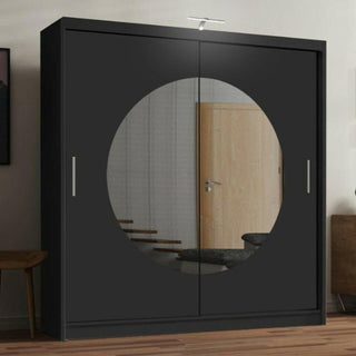 CHOICEWARDROBE Circle Mirror Sliding Door Wardrobe with LED Light 150cm X 217cm in Black – image 1