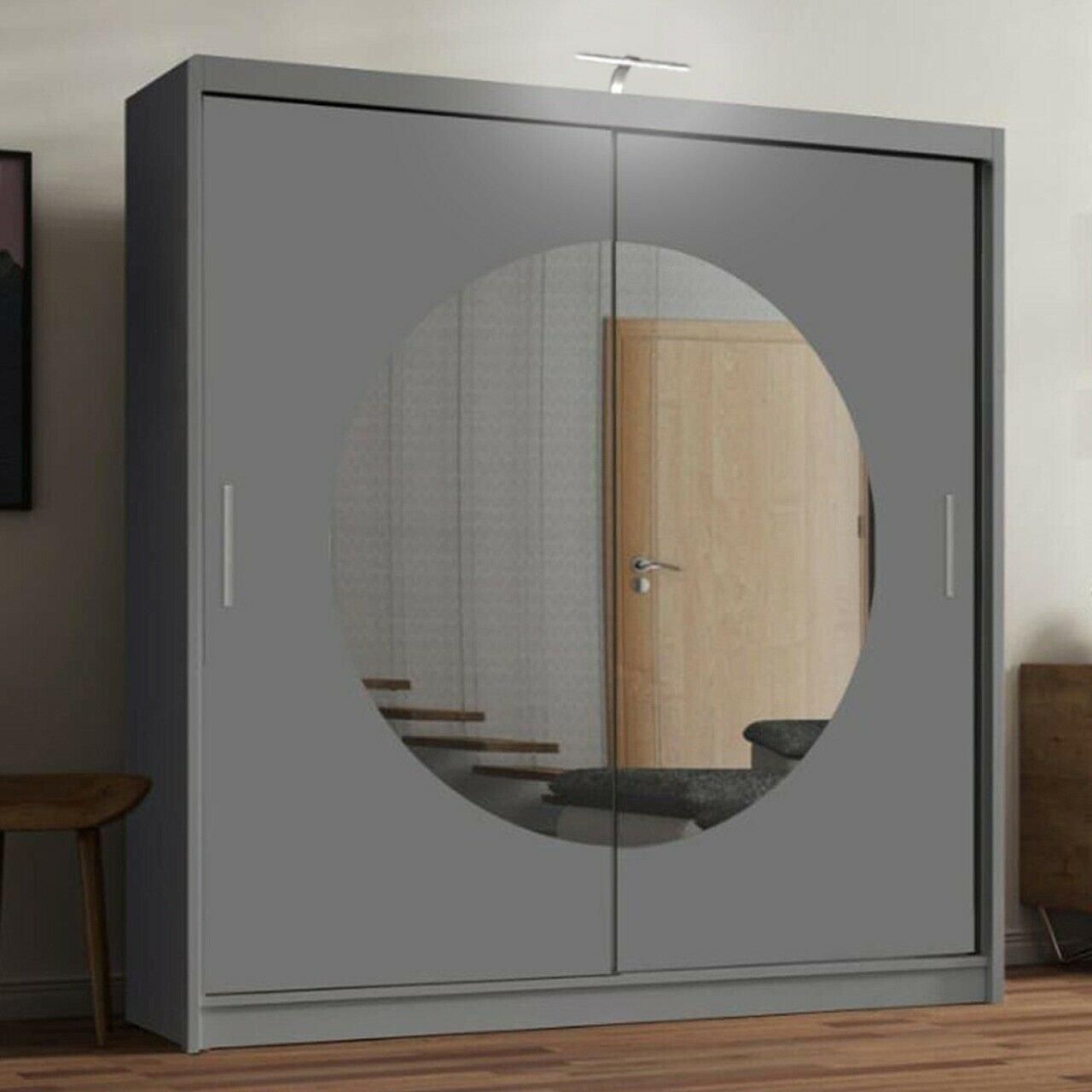 CHOICEWARDROBE Circle Mirror Sliding Door Wardrobe with LED Light 150cm X 217cm in Grey – image 1