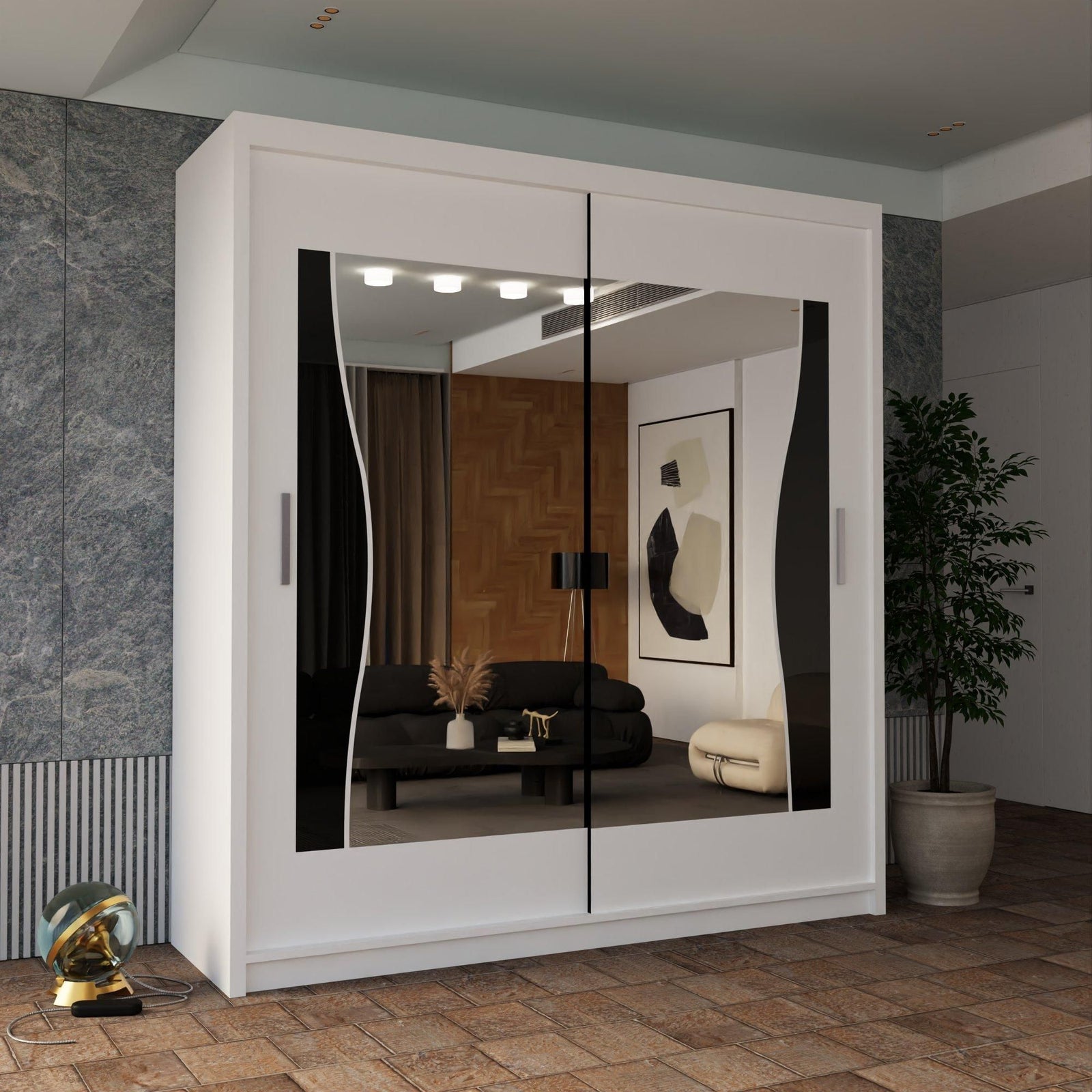 CHOICEWARDROBE Curved Mirror Sliding Door Wardrobe 150cm X 217cm in White – image 1