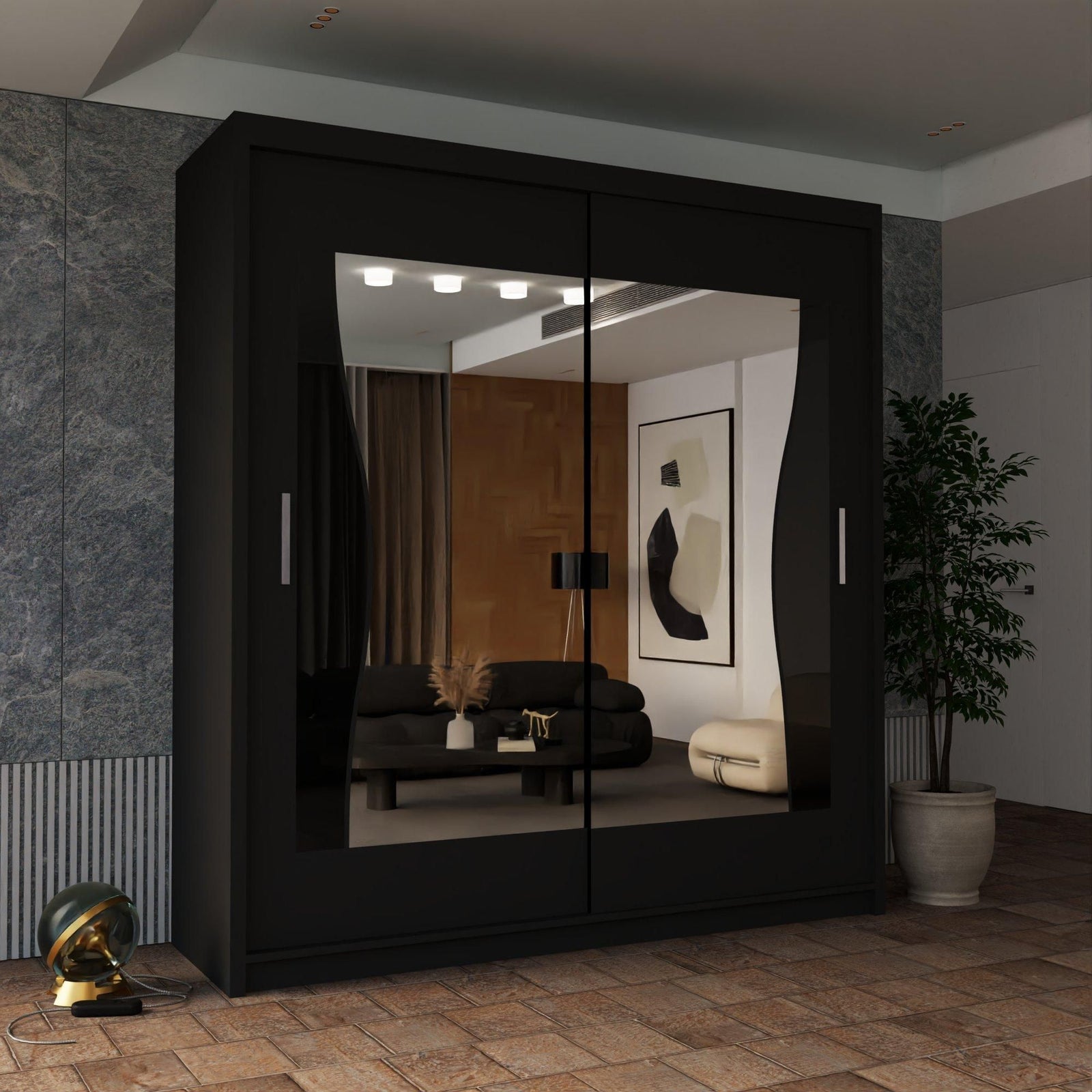 CHOICEWARDROBE Curved Mirror Sliding Door Wardrobe 150cm X 217cm in Black – image 1