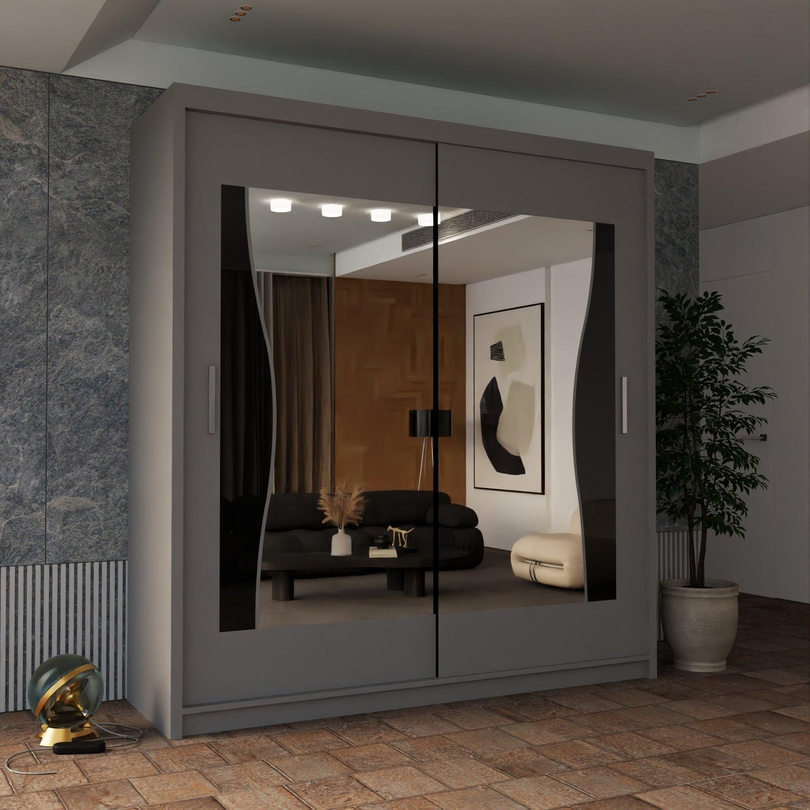 CHOICEWARDROBE Curved Mirror Sliding Door Wardrobe 203cm X 217cm in Grey – image 1