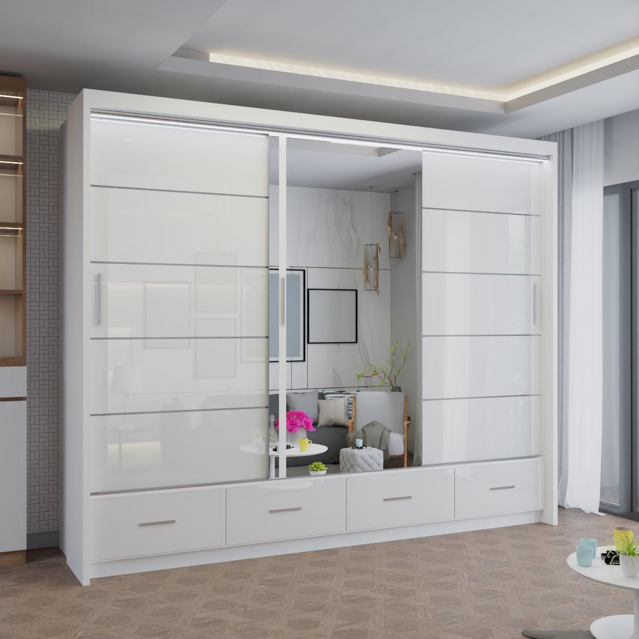 CHOICEWARDROBE Modern High Gloss Sliding Wardrobe with LED Light 255cm x 220cm in White – image 1