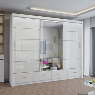 CHOICEWARDROBE Modern High Gloss Sliding Wardrobe with LED Light 255cm x 220cm in White – image 1