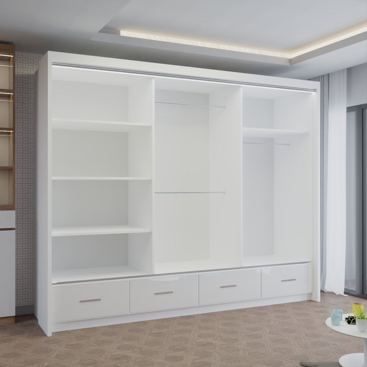 CHOICEWARDROBE Modern High Gloss Sliding Wardrobe with LED Light 255cm x 220cm in White – image 2