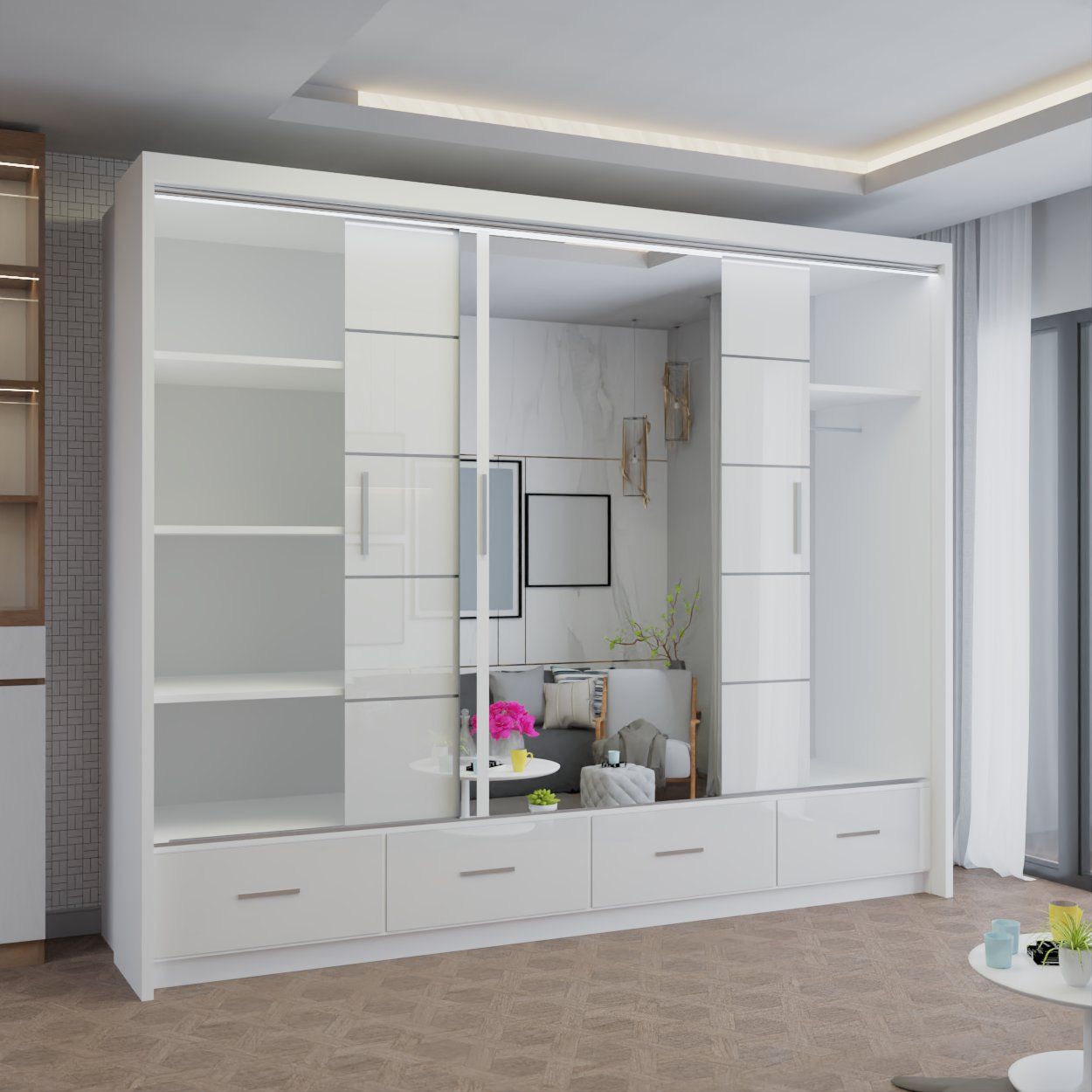 CHOICEWARDROBE Modern High Gloss Sliding Wardrobe with LED Light 255cm x 220cm in White – image 3