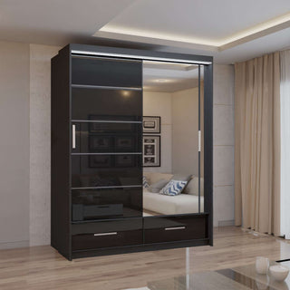 CHOICEWARDROBE Modern High Gloss Sliding Wardrobe with LED Light 150cm x 220cm in Black – image 1