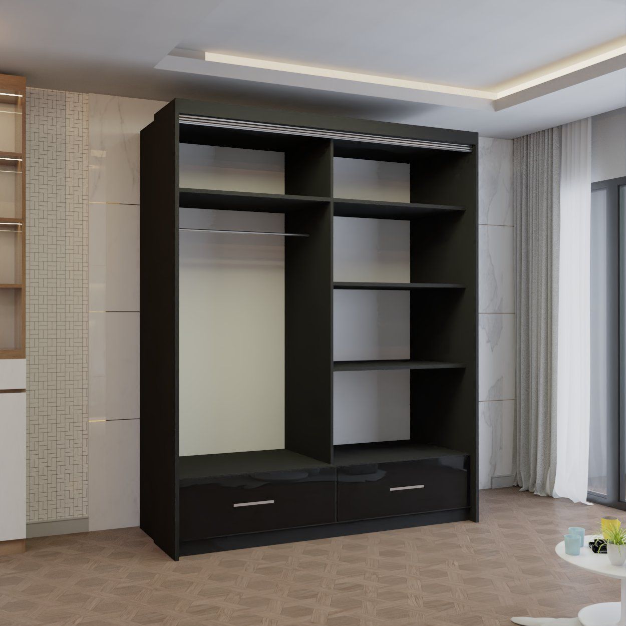 CHOICEWARDROBE Modern High Gloss Sliding Wardrobe with LED Light 150cm x 220cm in Black – image 2