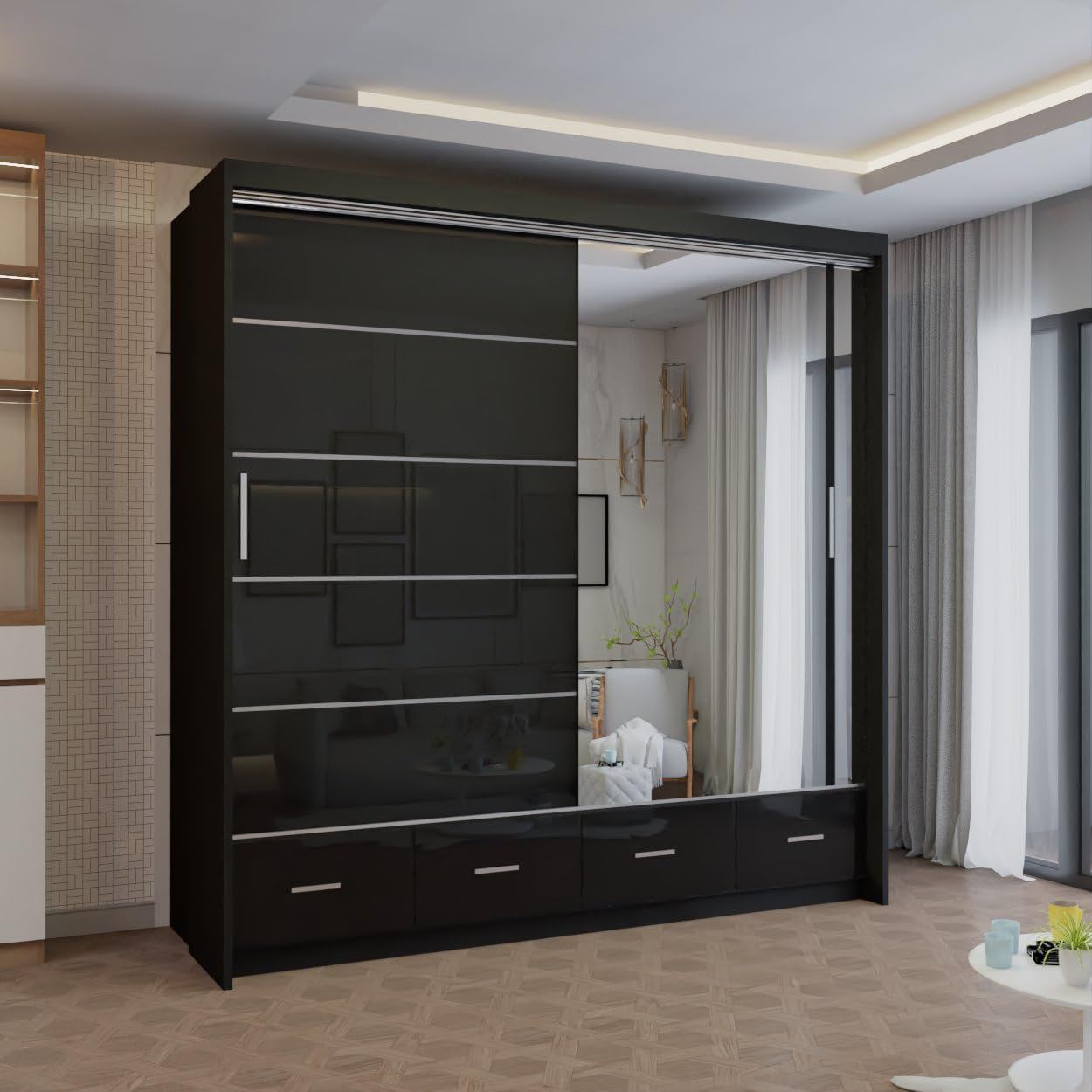 CHOICEWARDROBE Modern High Gloss Sliding Wardrobe with LED Light 208cm x 220cm in Black – image 1