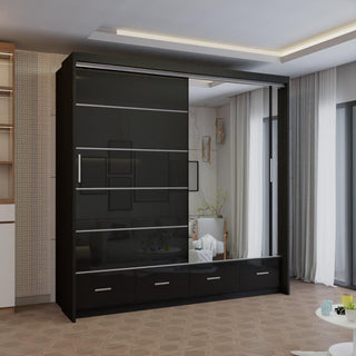 CHOICEWARDROBE Modern High Gloss Sliding Wardrobe with LED Light 208cm x 220cm in Black – image 1