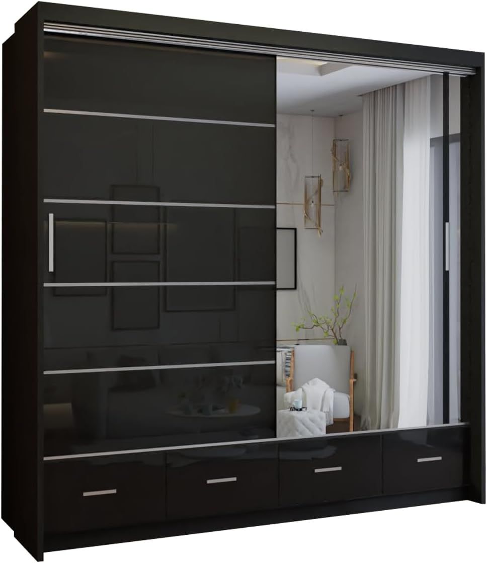 CHOICEWARDROBE Modern High Gloss Sliding Wardrobe with LED Light 208cm x 220cm in Black – image 2