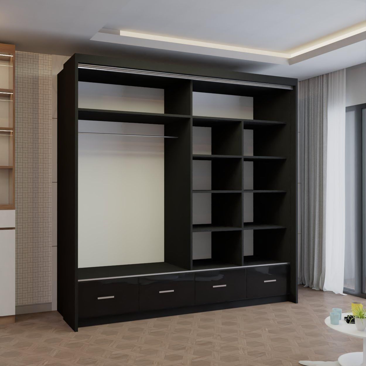 CHOICEWARDROBE Modern High Gloss Sliding Wardrobe with LED Light 208cm x 220cm in Black – image 3