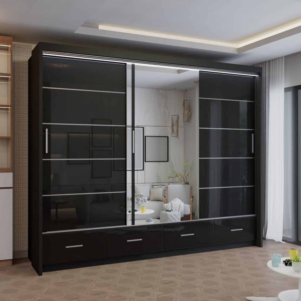 CHOICEWARDROBE Modern High Gloss Sliding Wardrobe with LED Light 255cm x 220cm in Black – image 1