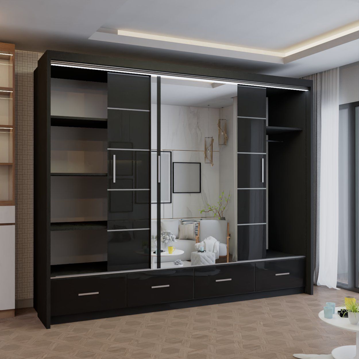 CHOICEWARDROBE Modern High Gloss Sliding Wardrobe with LED Light 255cm x 220cm in Black – image 2