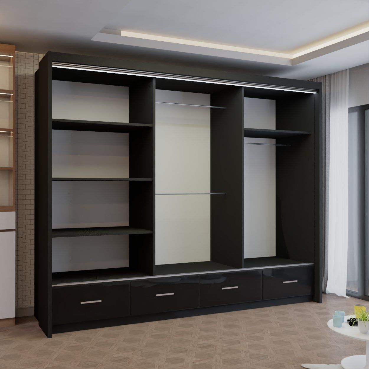 CHOICEWARDROBE Modern High Gloss Sliding Wardrobe with LED Light 255cm x 220cm in Black – image 3