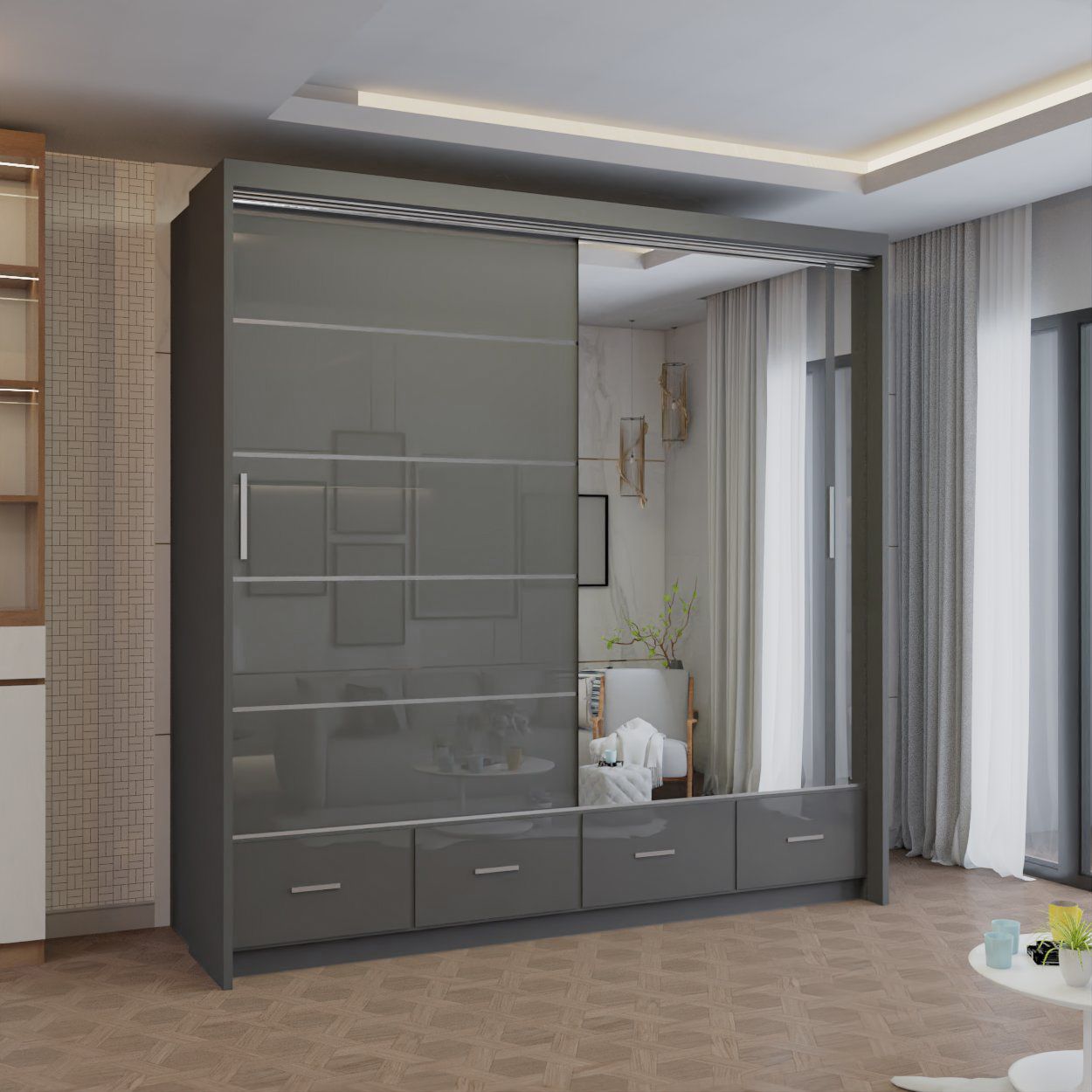 CHOICEWARDROBE Modern High Gloss Sliding Wardrobe with LED Light 208cm x 220cm in Grey – image 1