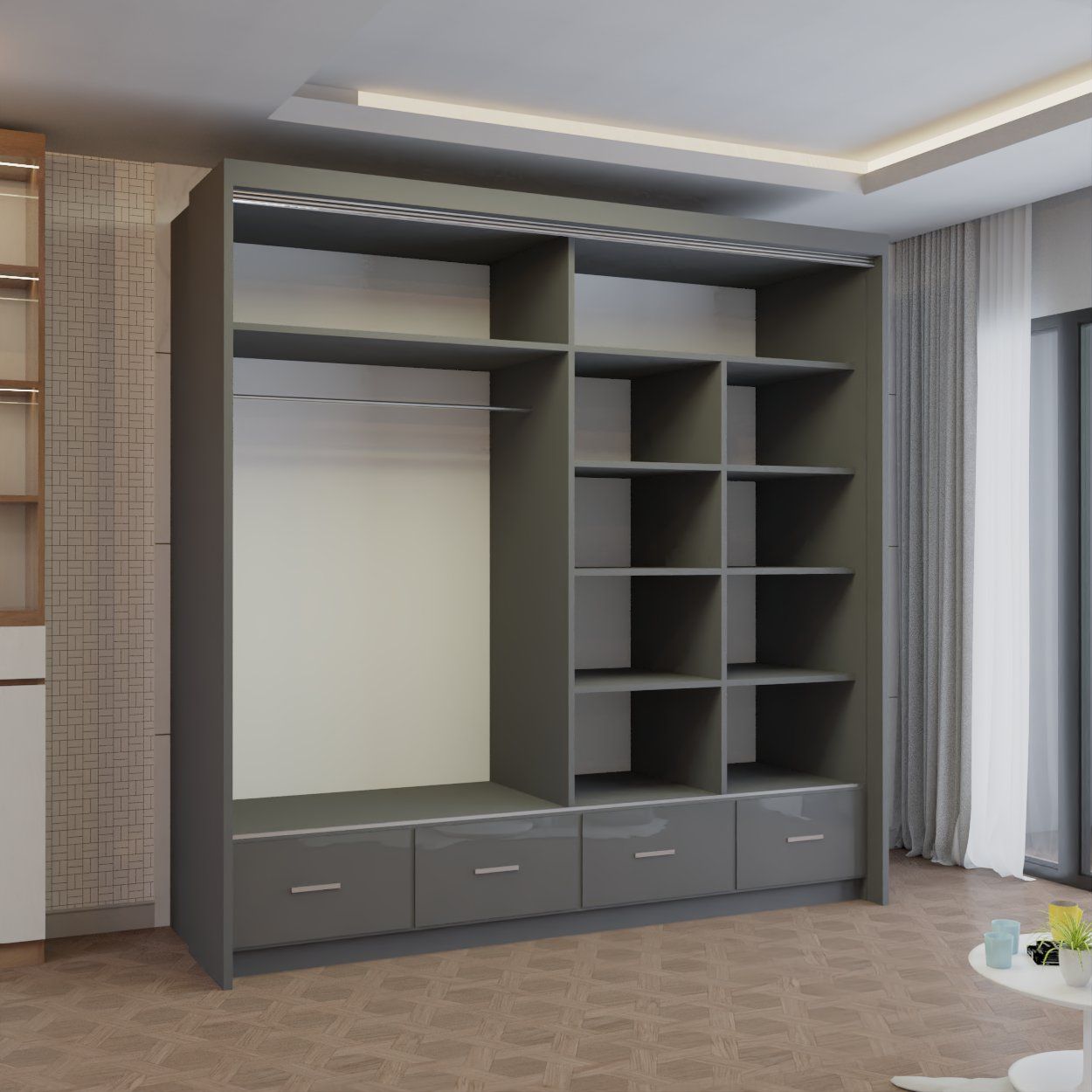 CHOICEWARDROBE Modern High Gloss Sliding Wardrobe with LED Light 208cm x 220cm in Grey – image 2