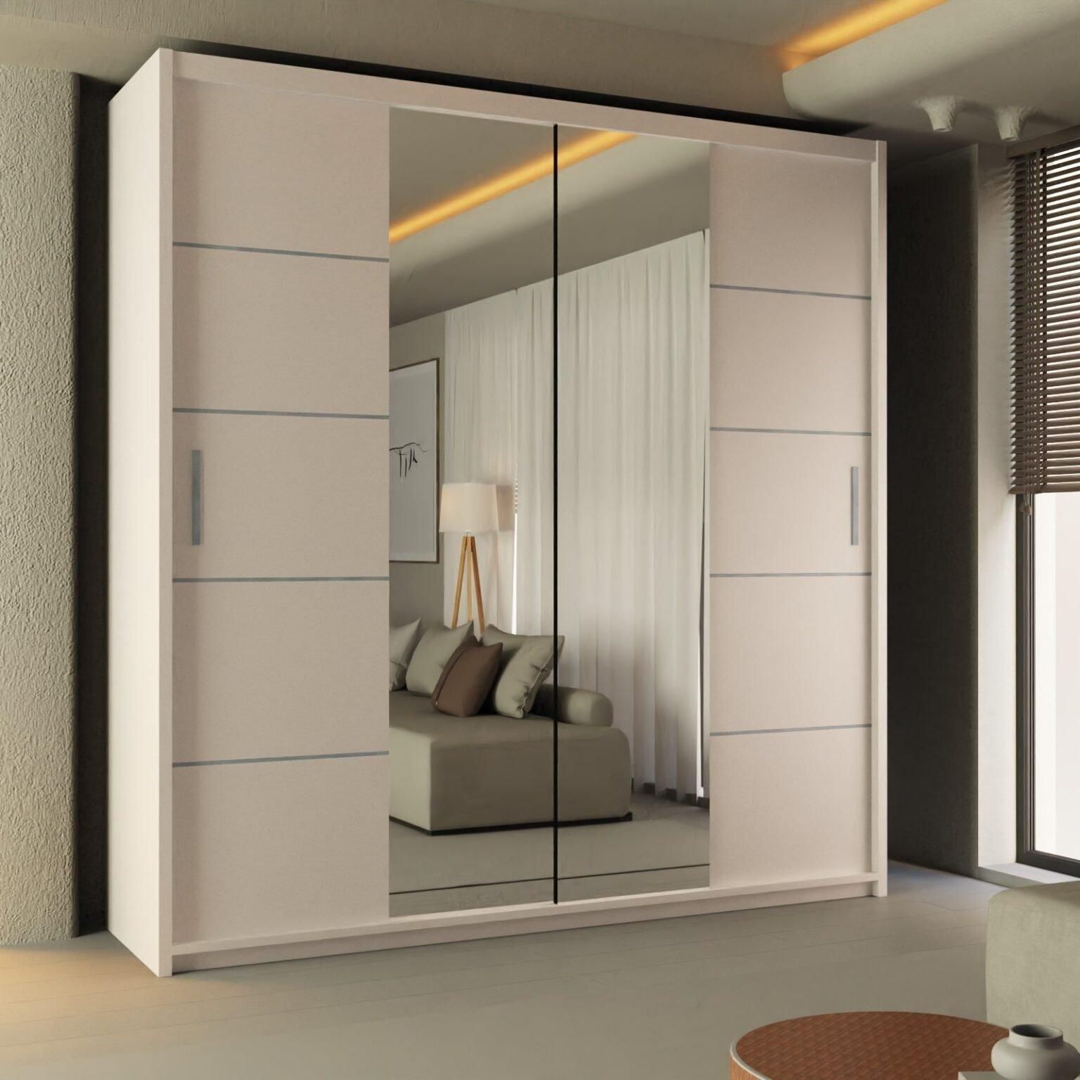 CHOICEWARDROBE Ribon Sliding Mirror Door Wardrobe 120cm X 217cm in White – image 1