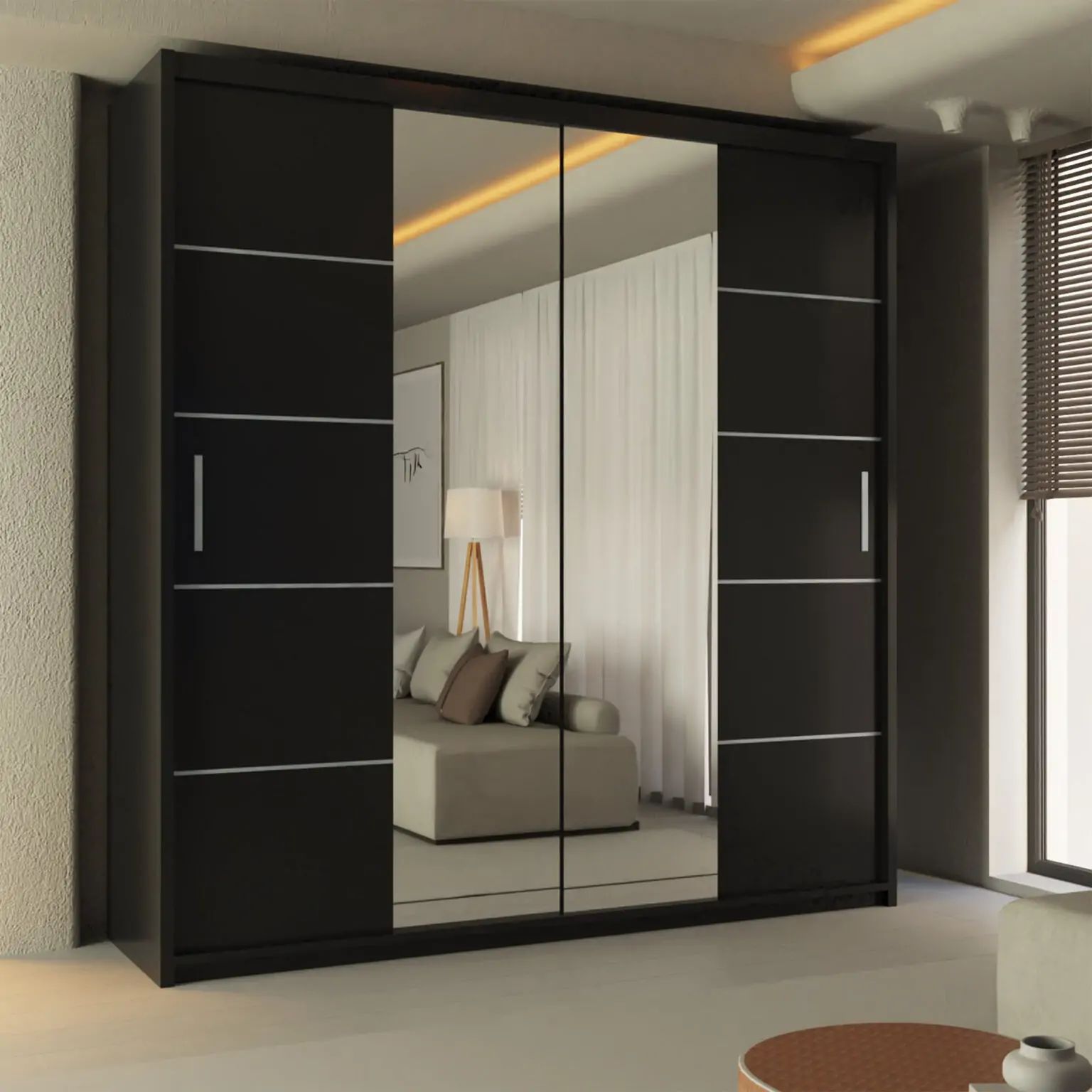 CHOICEWARDROBE Ribon Sliding Mirror Door Wardrobe 203cm X 217cm in Black – image 1