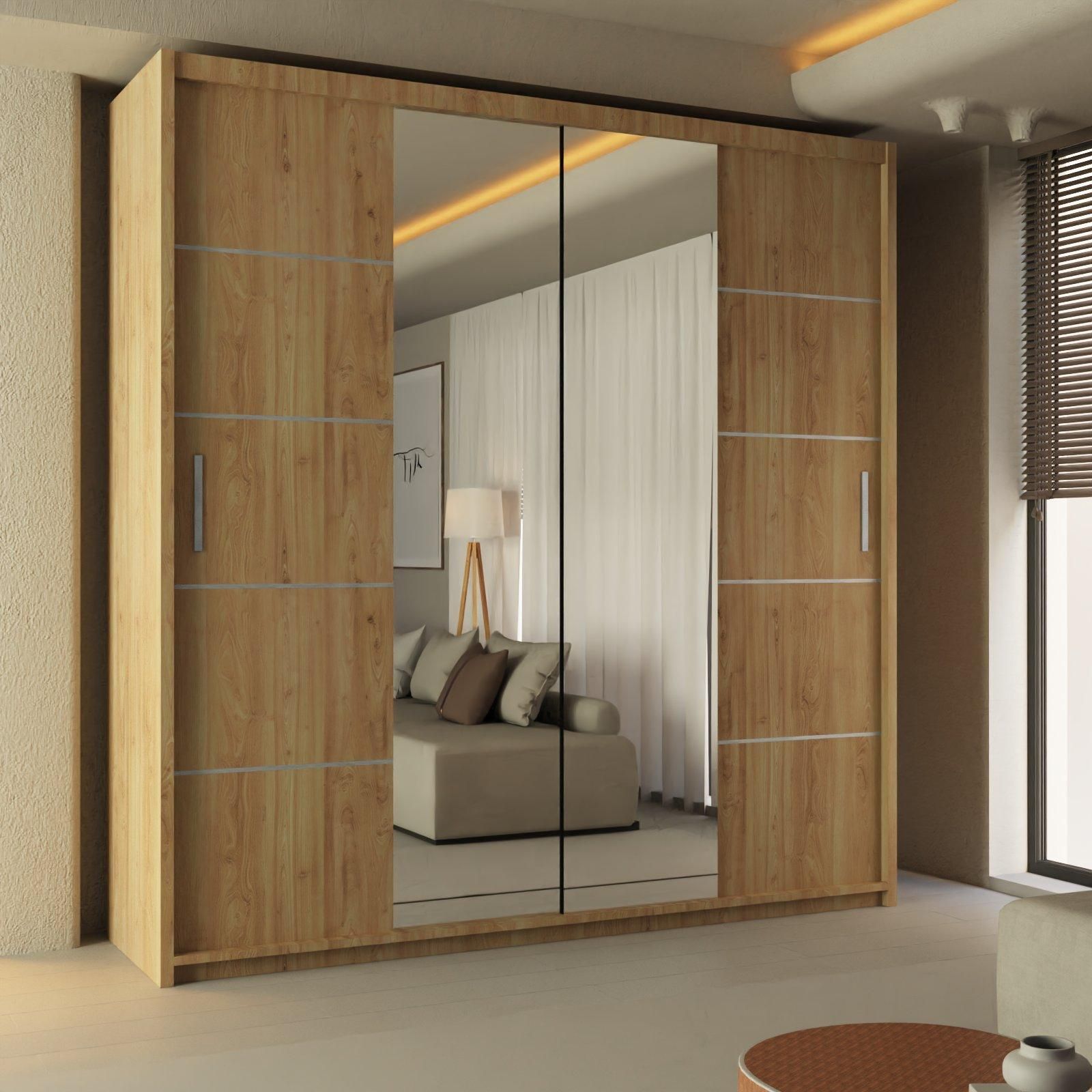 CHOICEWARDROBE Ribon Sliding Mirror Door Wardrobe 150cm X 217cm in Light Oak – image 1