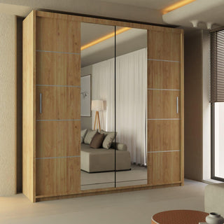 CHOICEWARDROBE Ribon Sliding Mirror Door Wardrobe 150cm X 217cm in Light Oak – image 1