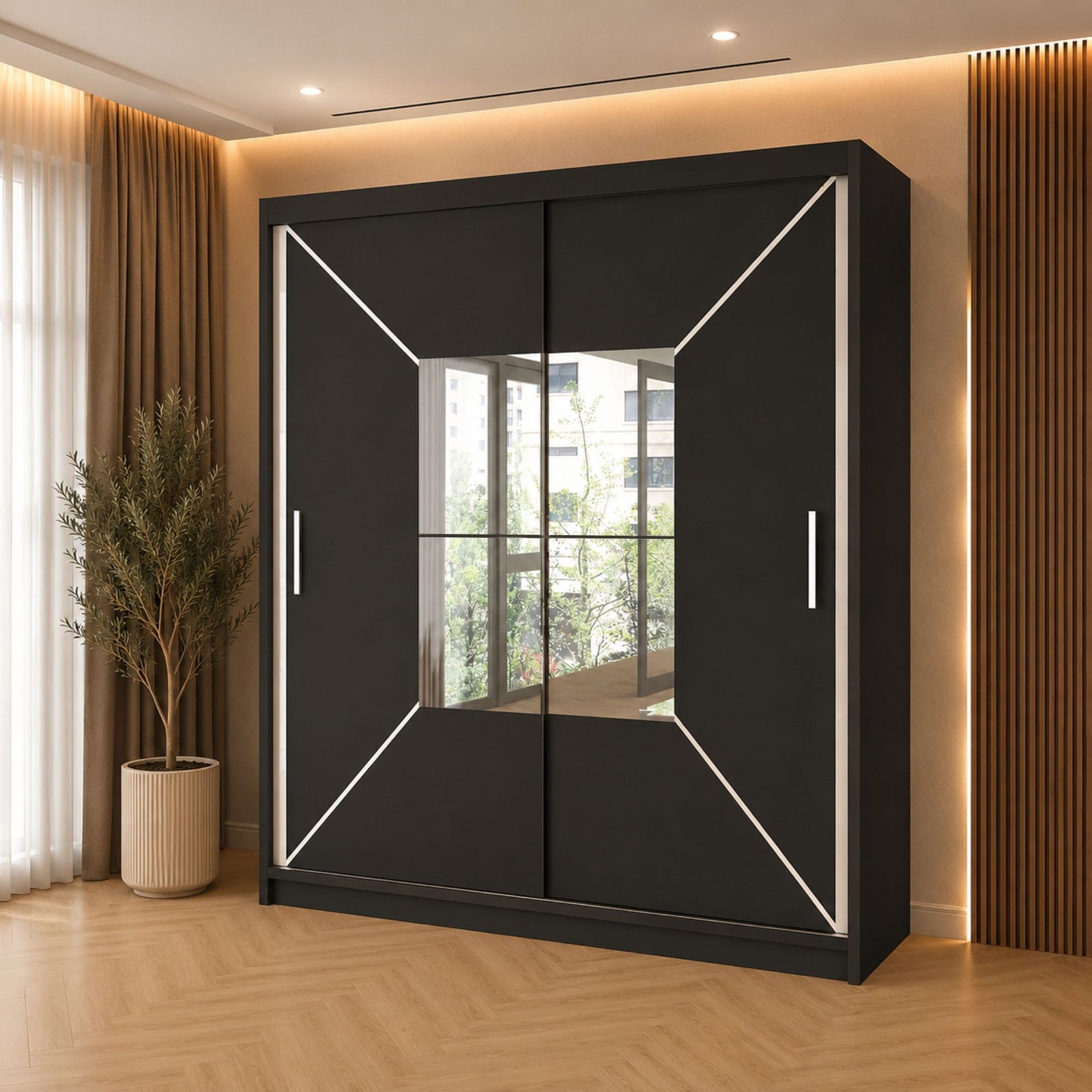 CHOICEWARDROBE Double Center Mirror Sliding Door Wardrobe 203cm X 217cm in Black – image 1