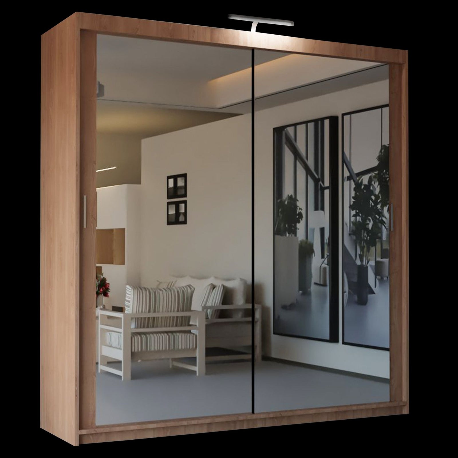 CHOICEWARDROBE Modern Mirror Sliding Wardrobe with Top LED Light W100cm x H217cm in Walnut – image 2