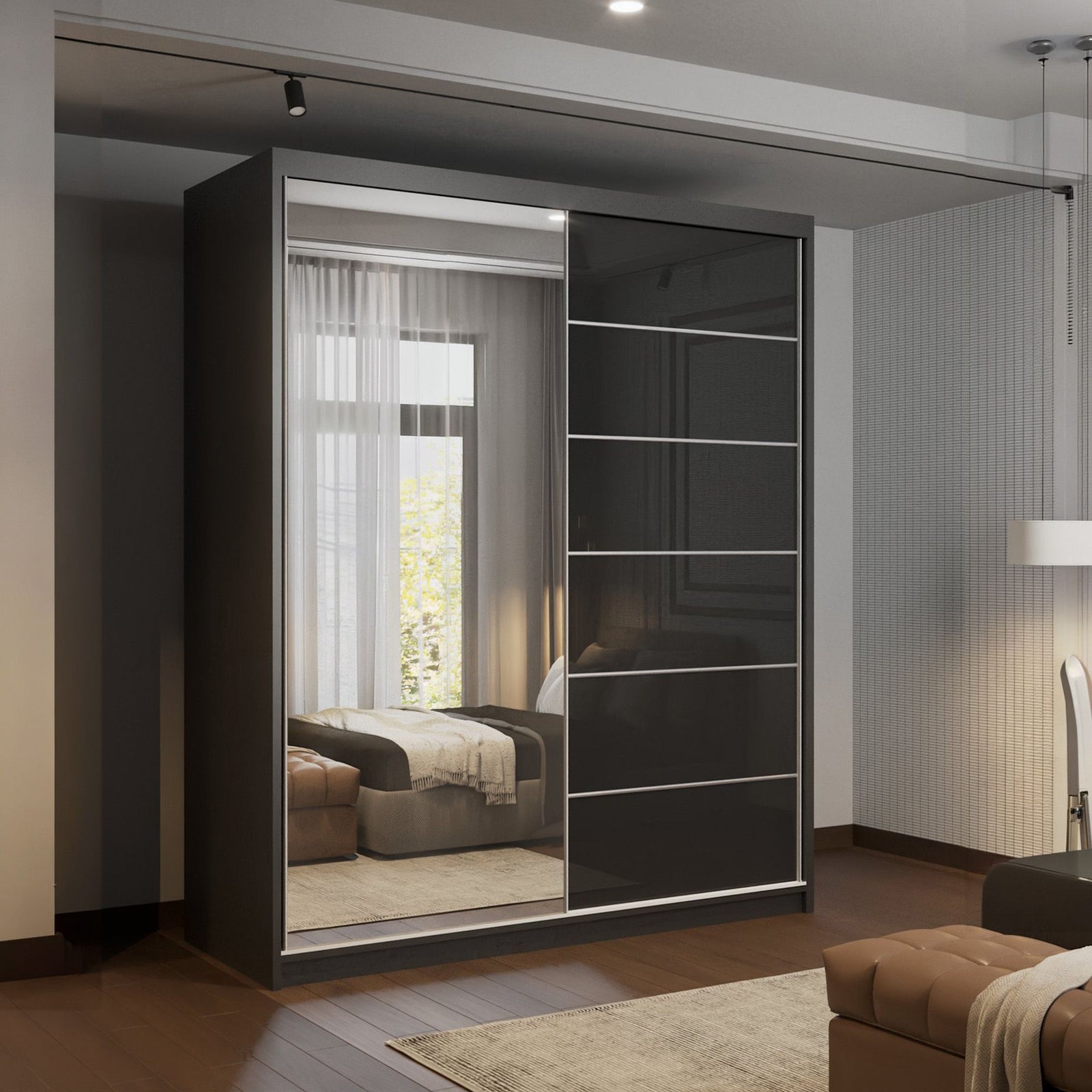 CHOICEWARDROBE Fusion High Gloss Sliding Mirror Door Wardrobe W180cm x H200cm in Black – image 1