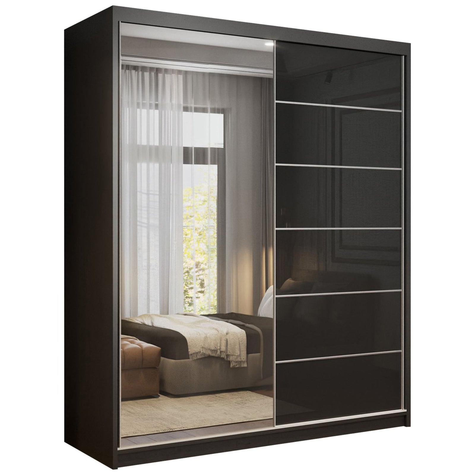 CHOICEWARDROBE Fusion High Gloss Sliding Mirror Door Wardrobe W180cm x H200cm in Black – image 2
