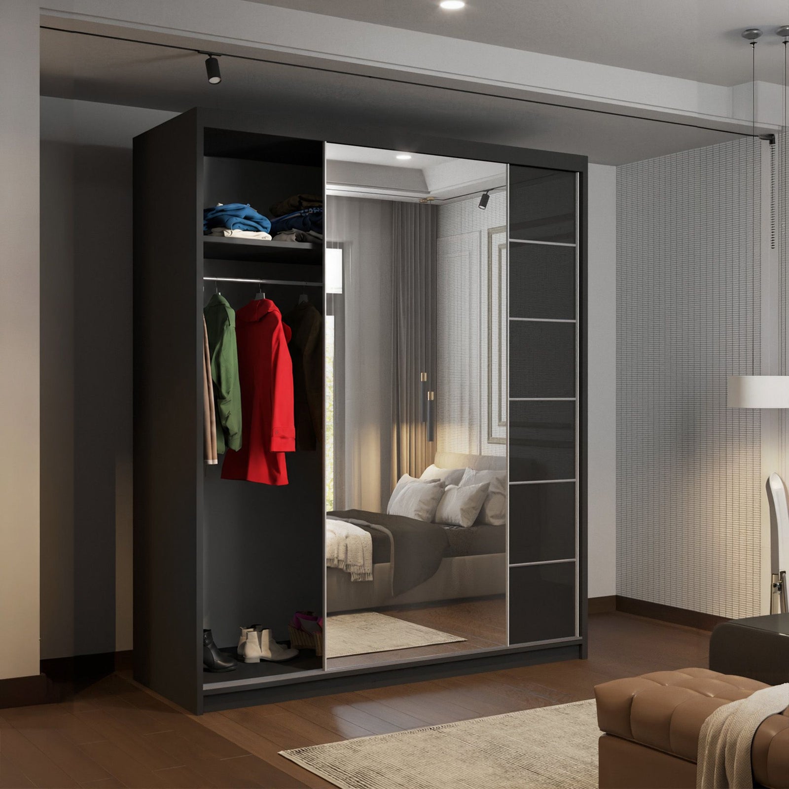 CHOICEWARDROBE Fusion High Gloss Sliding Mirror Door Wardrobe W180cm x H200cm in Black – image 3