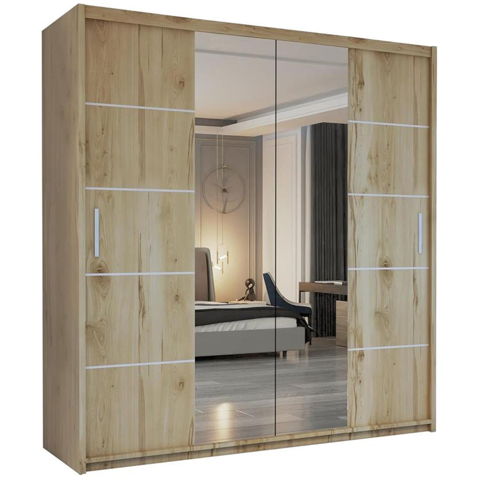 CHOICEWARDROBE Modern Sliding Wardrobe with LED Light W150cm x H217cm x D62cm in Light Oak – image 2