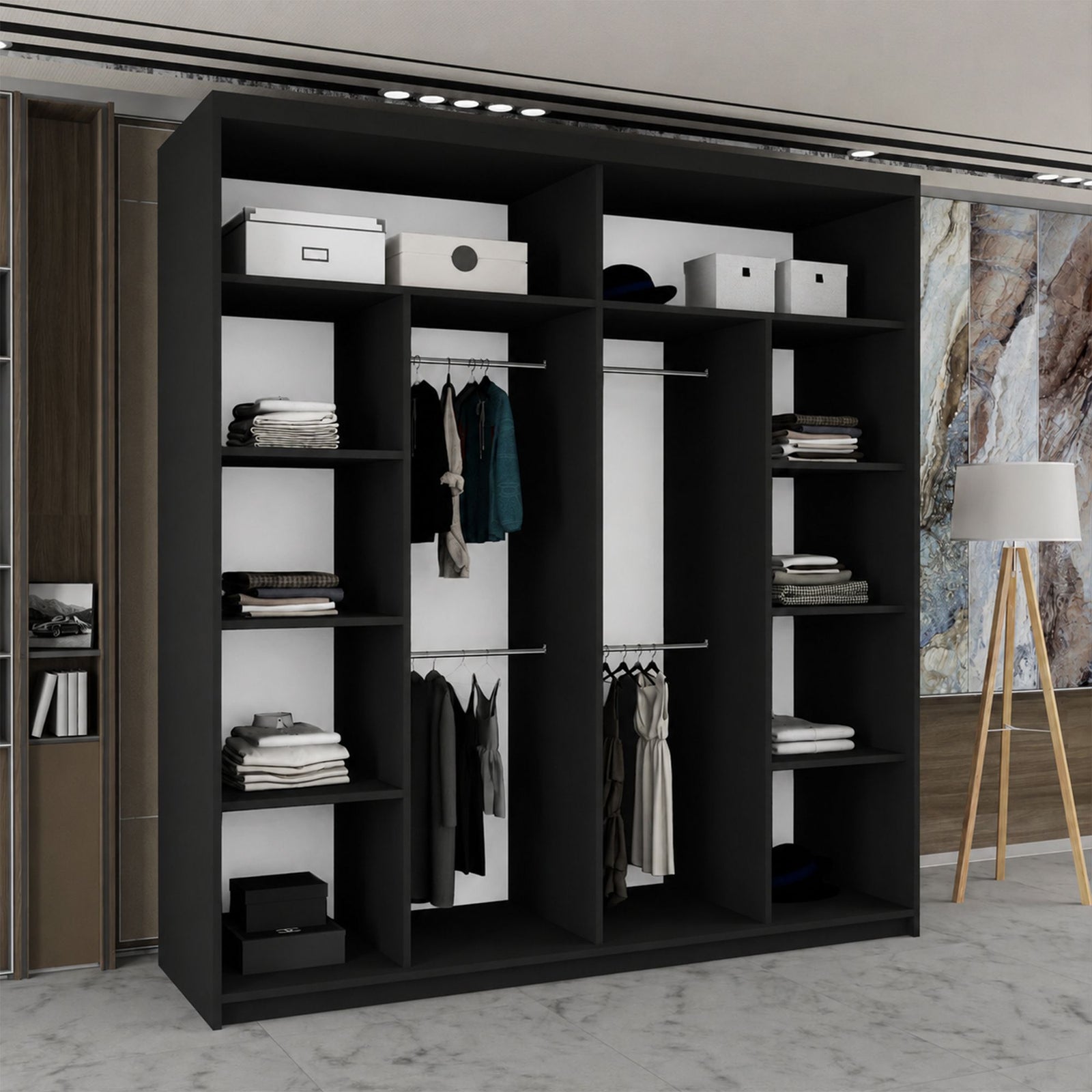 CHOICEWARDROBE Modern Double Sliding Wardrobe with LED Light W203cm x H217cm x D62cm in Black – image 3