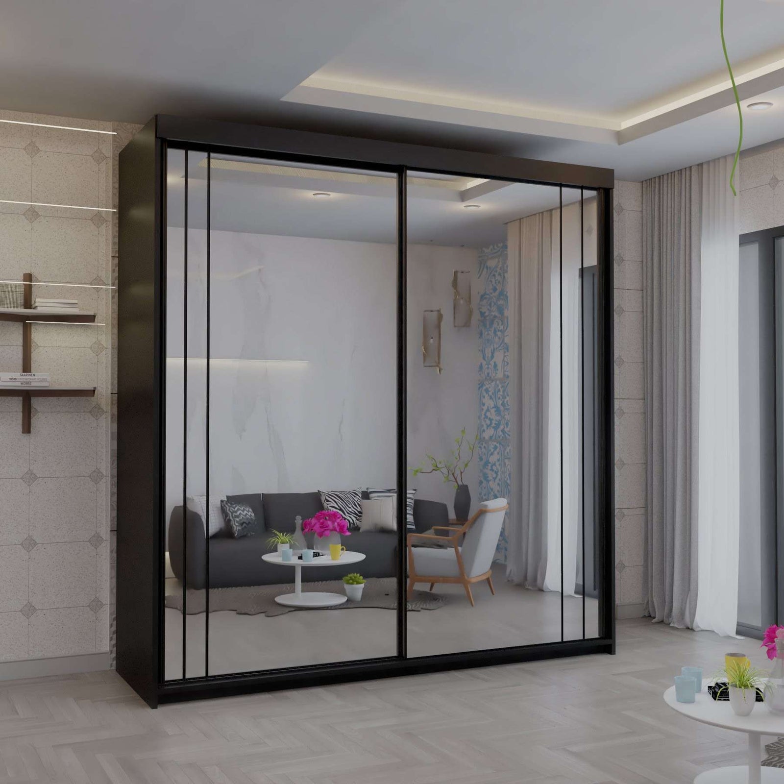 CHOICEWARDROBE Modish Full Mirror Sliding Door Wardrobe 150cm X 217cm in Black – image 1