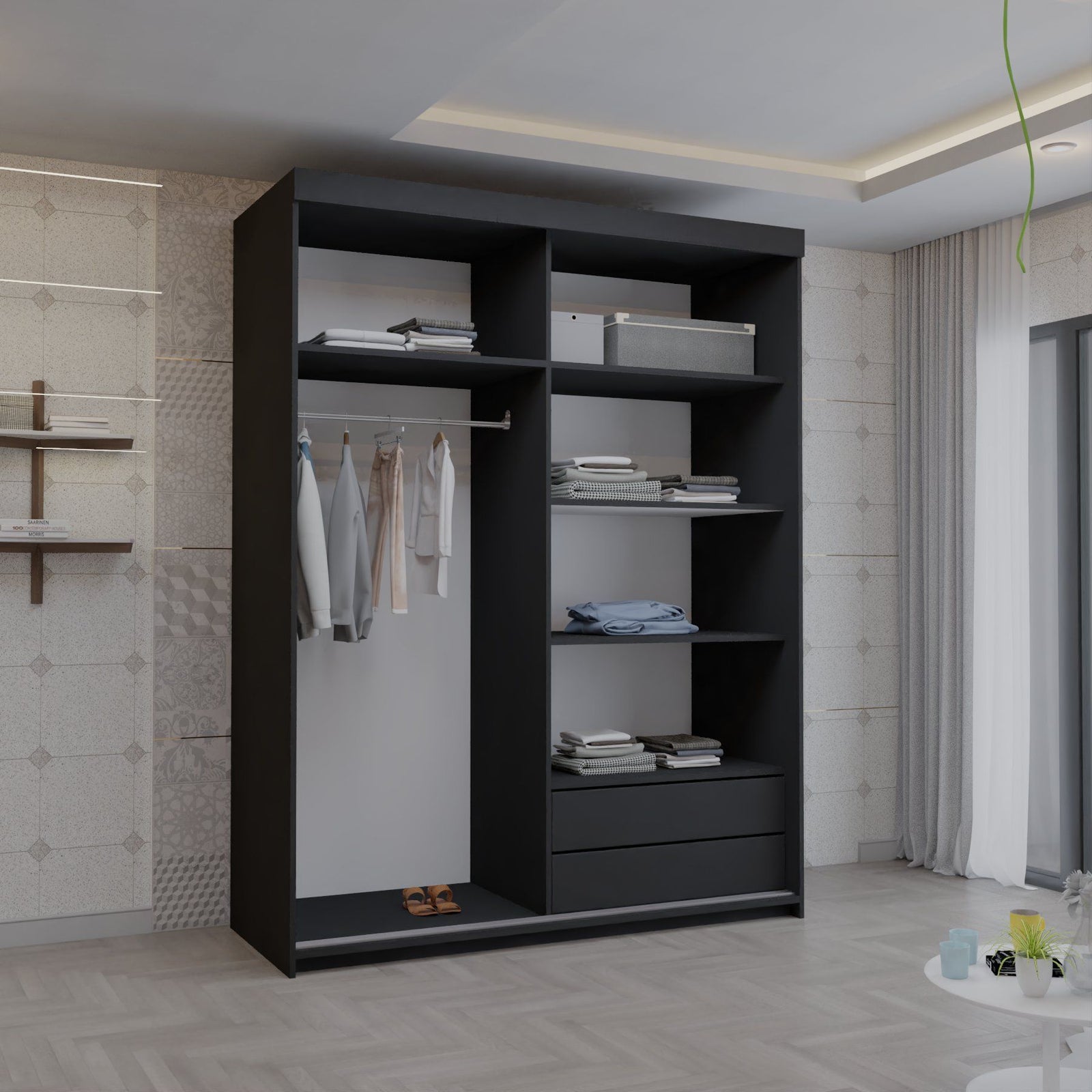 CHOICEWARDROBE Modish Full Mirror Sliding Door Wardrobe 150cm X 217cm in Black – image 3