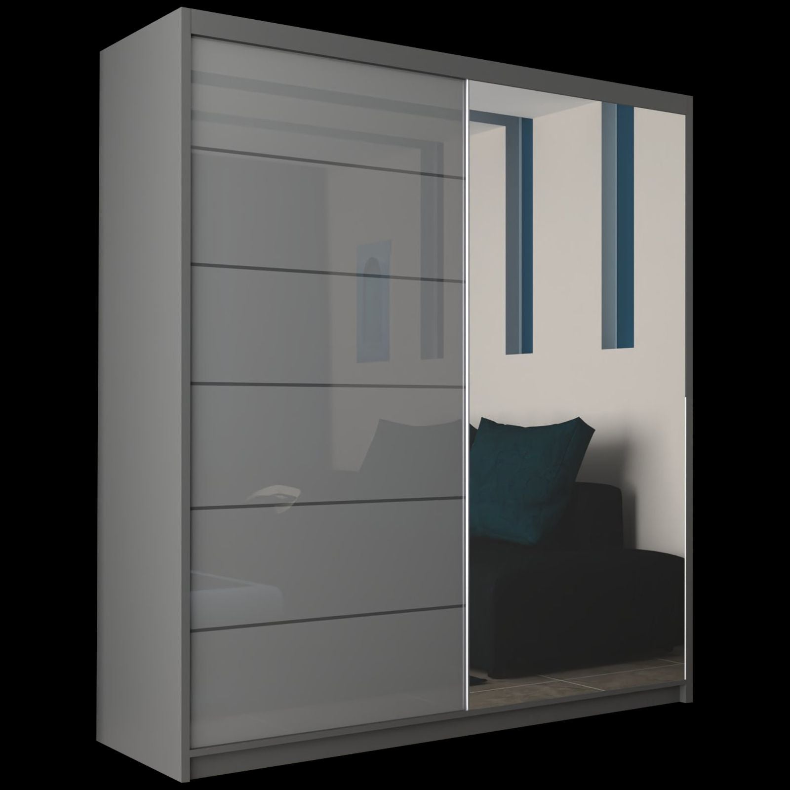 CHOICEWARDROBE High Gloss Double Sliding Wardrobe with LED Light W 180 x H 217 x D 62 in Grey – image 2