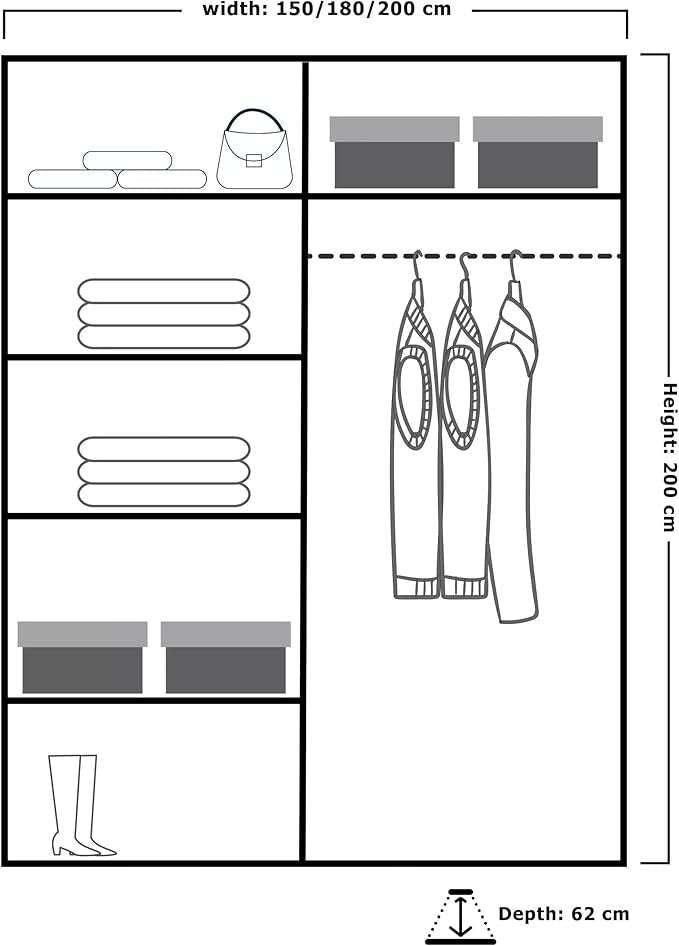 CHOICEWARDROBE High Gloss Double Sliding Wardrobe with LED Light W 180 x H 217 x D 62 in Grey – image 3