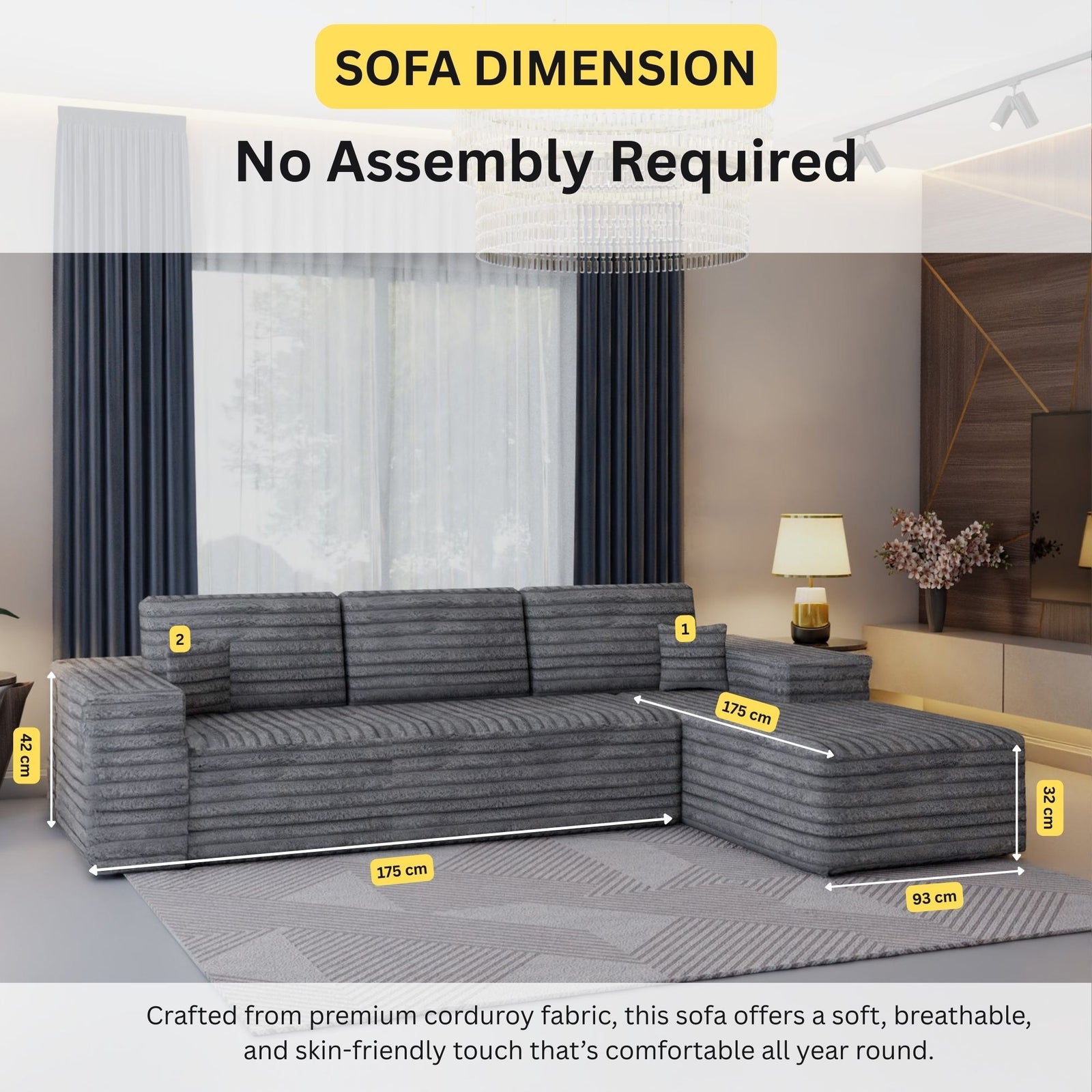 CHOICEWARDROBE Smart Right Corner Sofa – No Assembly Required in Grey – image 3