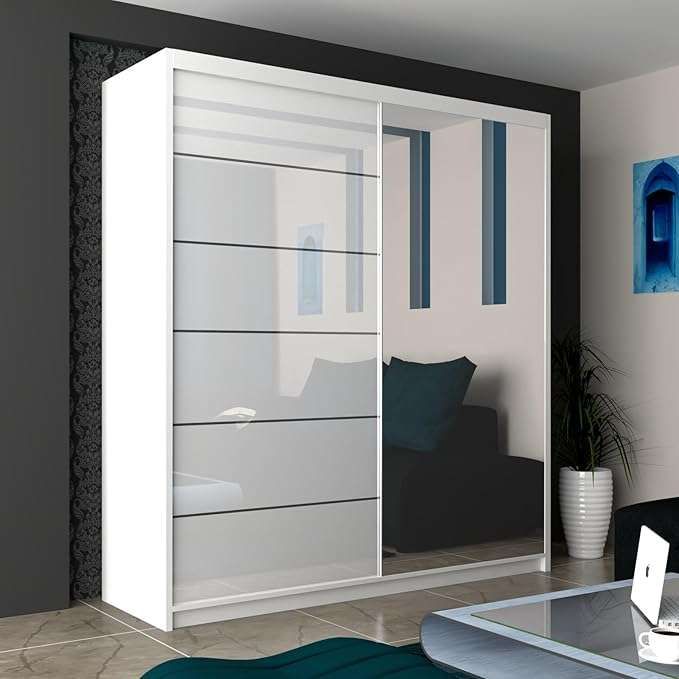 CHOICEWARDROBE High Gloss Double Sliding Wardrobe with LED Light W 150 x H 217 x D 62 in White – image 1